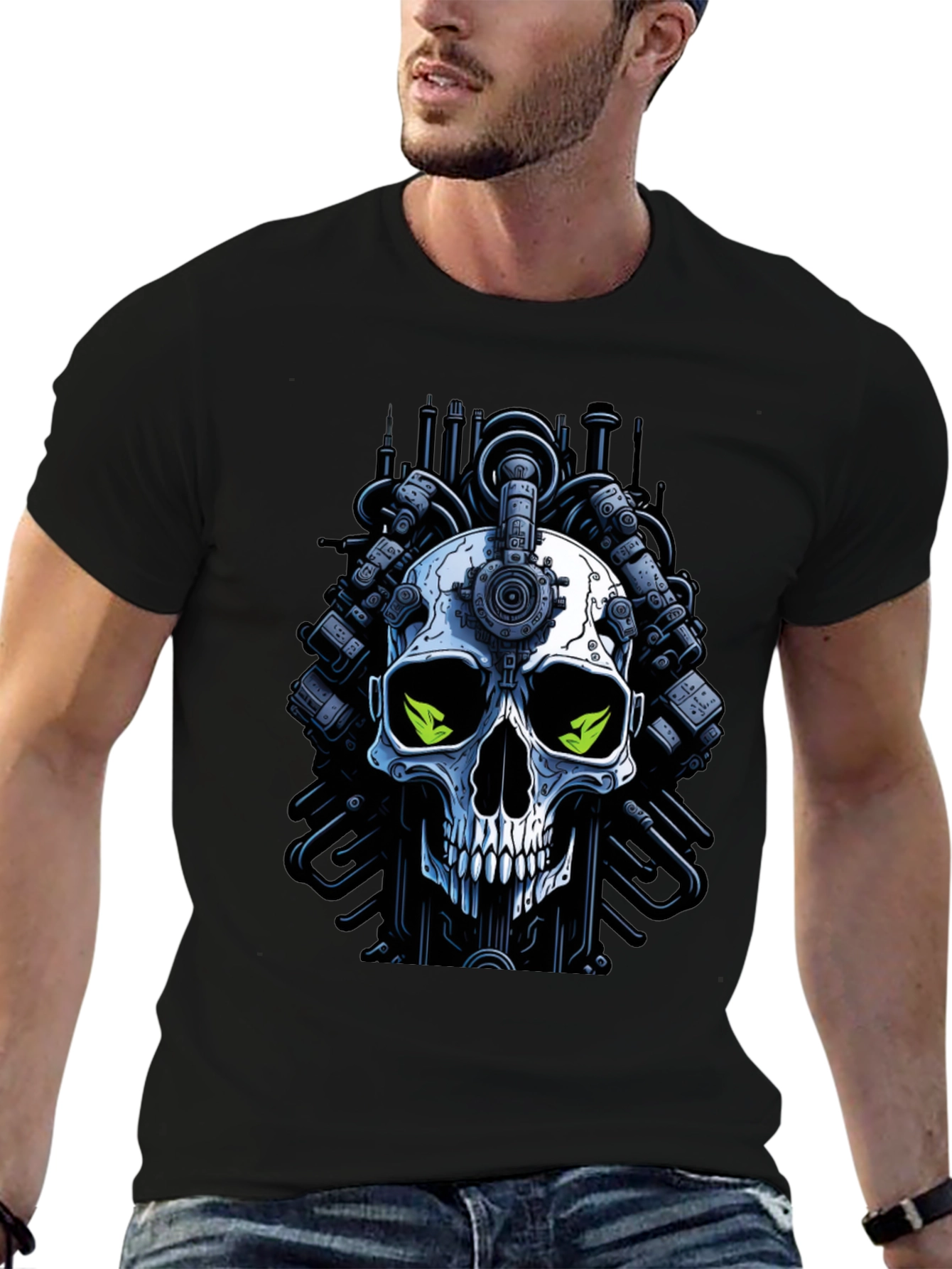 Cyberpunk Skull Graphic Tee - Edgy Robot Skull Design