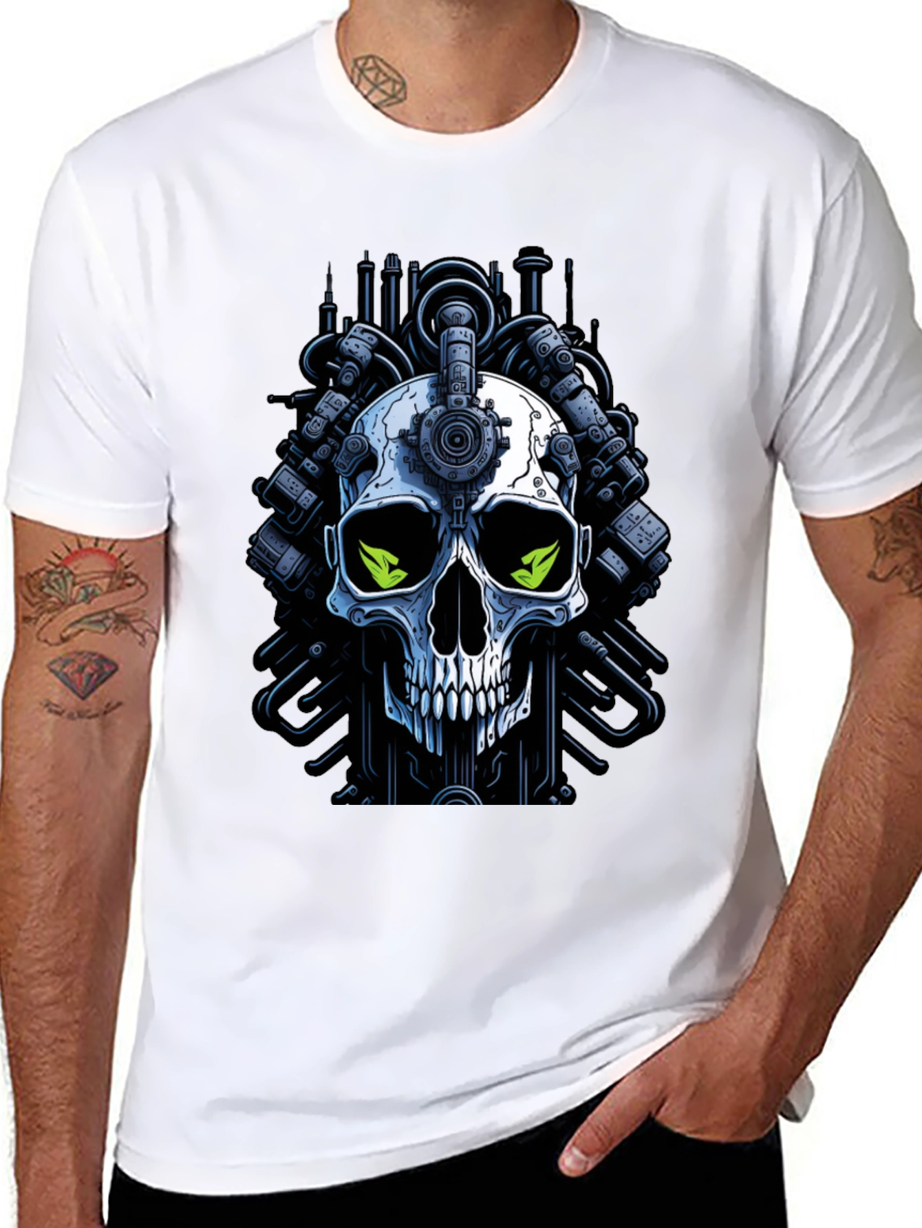 Cyberpunk Skull Graphic Tee - Edgy Robot Skull Design
