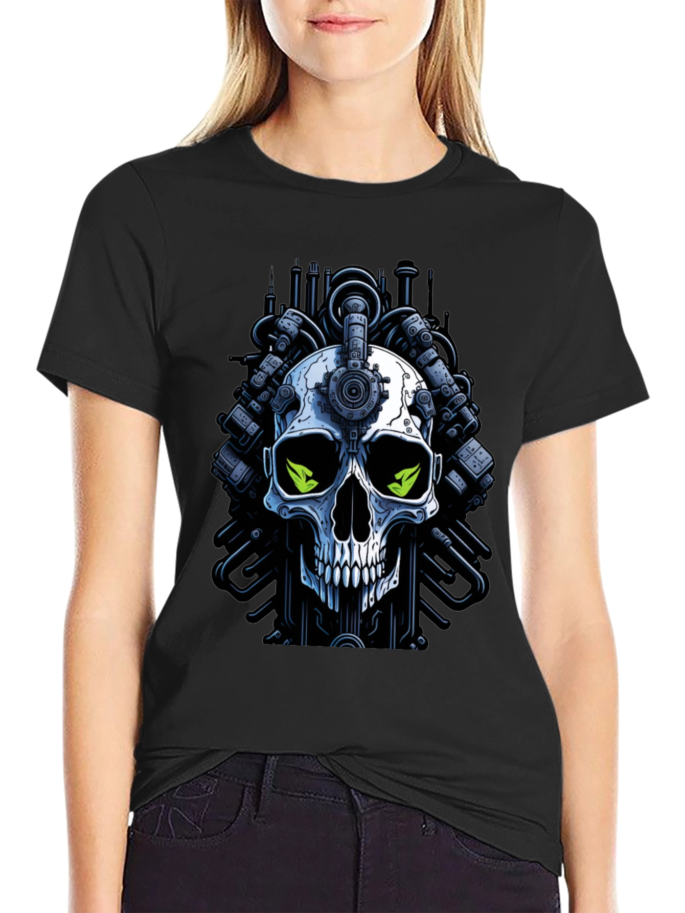 Cyberpunk Skull Graphic Tee - Edgy Robot Skull Design