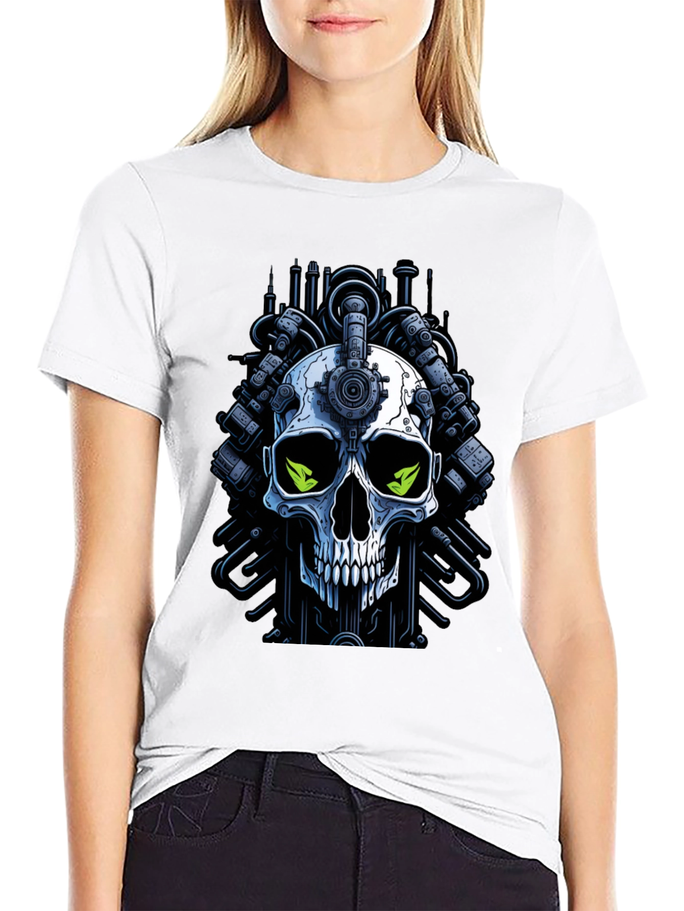 Cyberpunk Skull Graphic Tee - Edgy Robot Skull Design