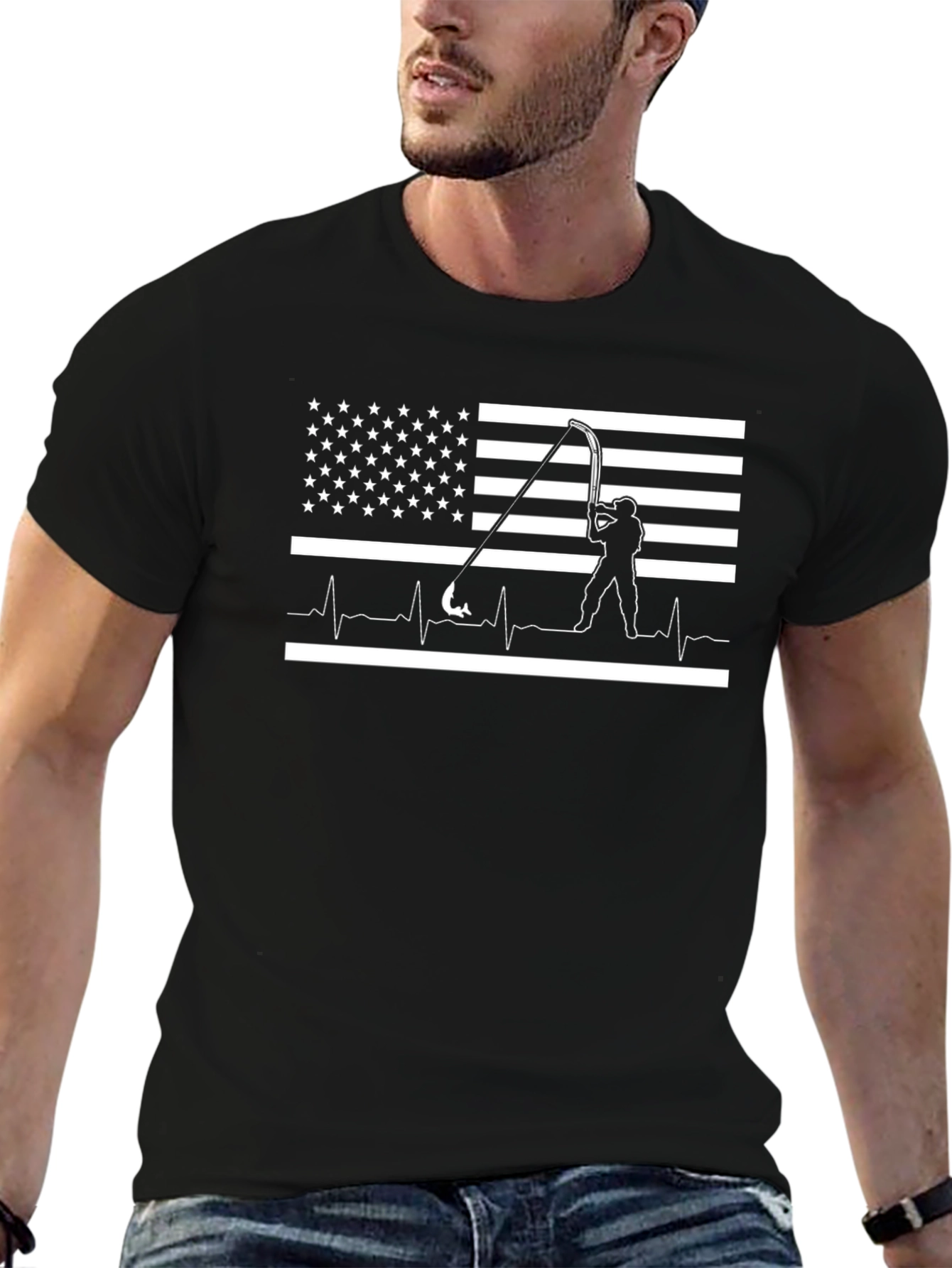 Fishing American Flag Heartbeat T-Shirt