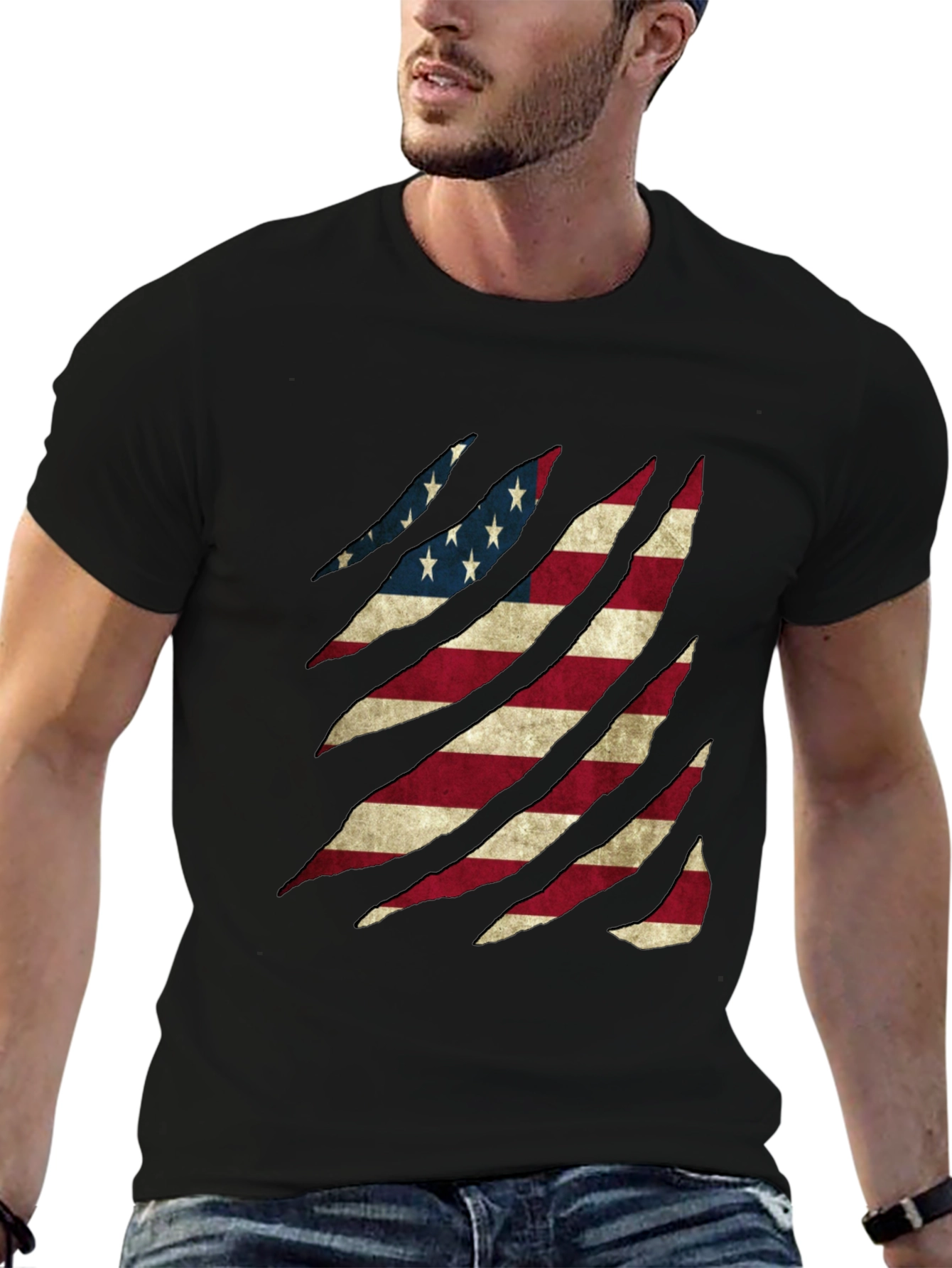 American Flag Ripped Graphic T-Shirt Patriotic Tee