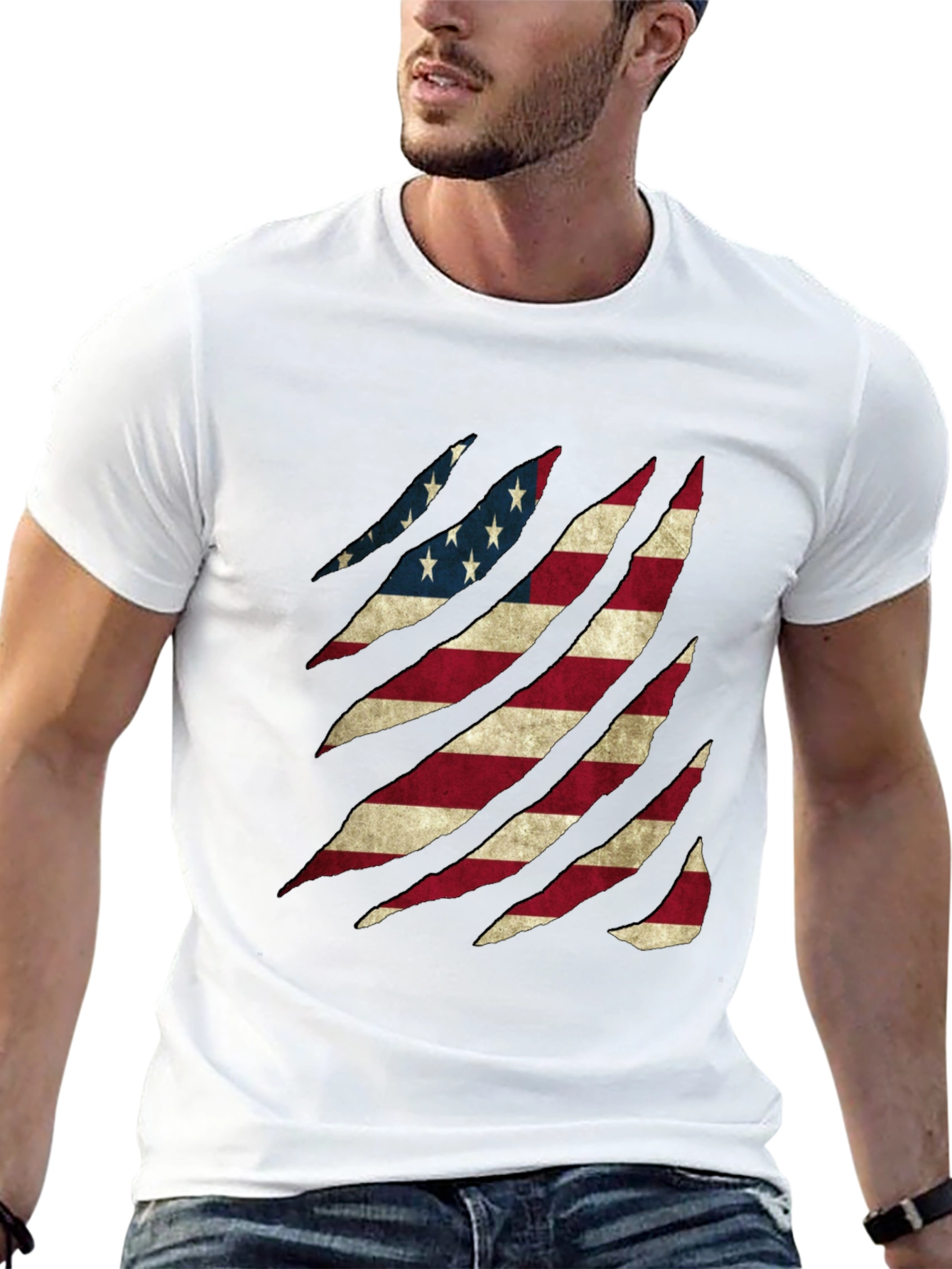 American Flag Ripped Graphic T-Shirt Patriotic Tee