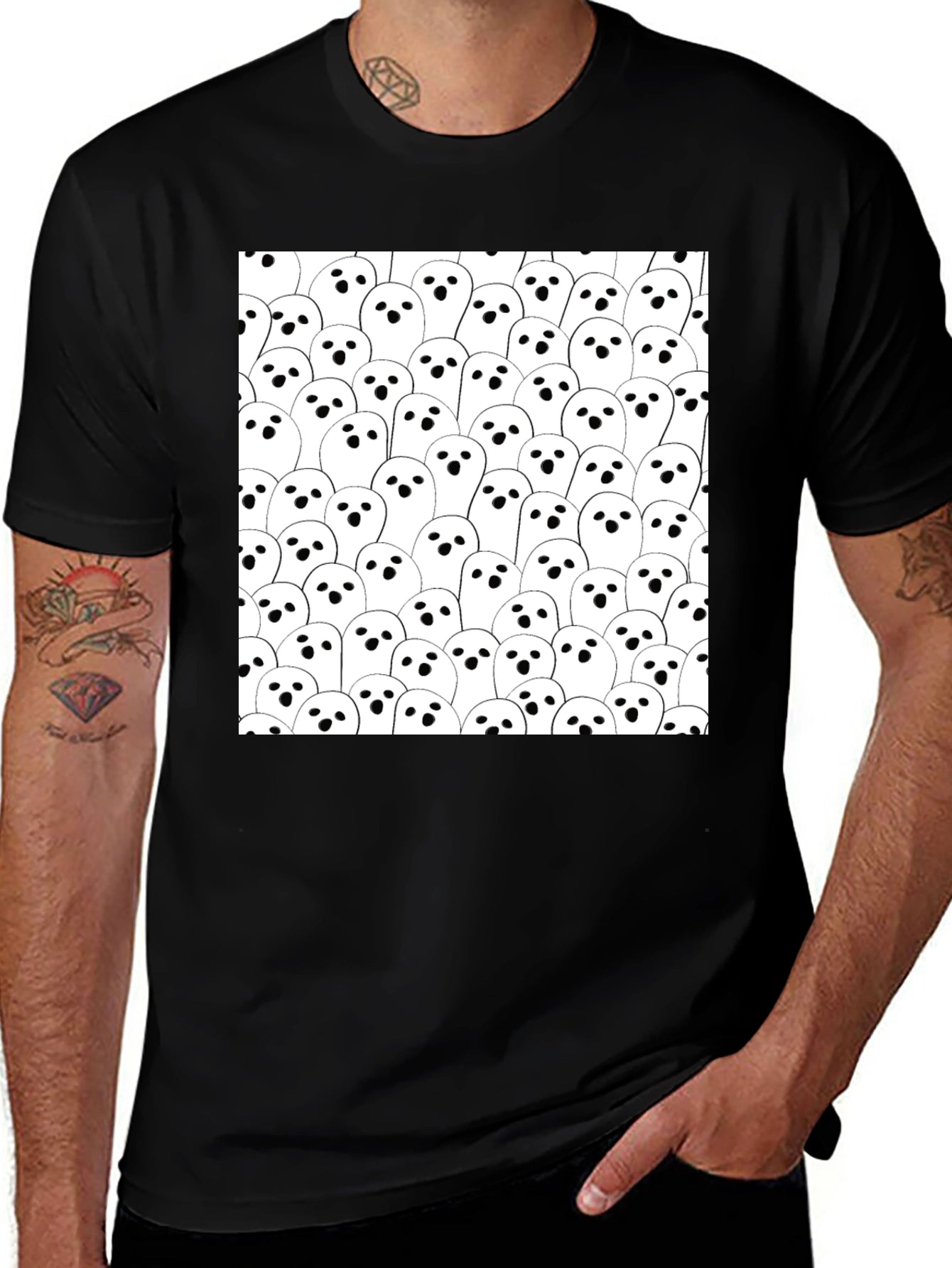 Ghost Pattern Black T-Shirt - Spooky Season Tee