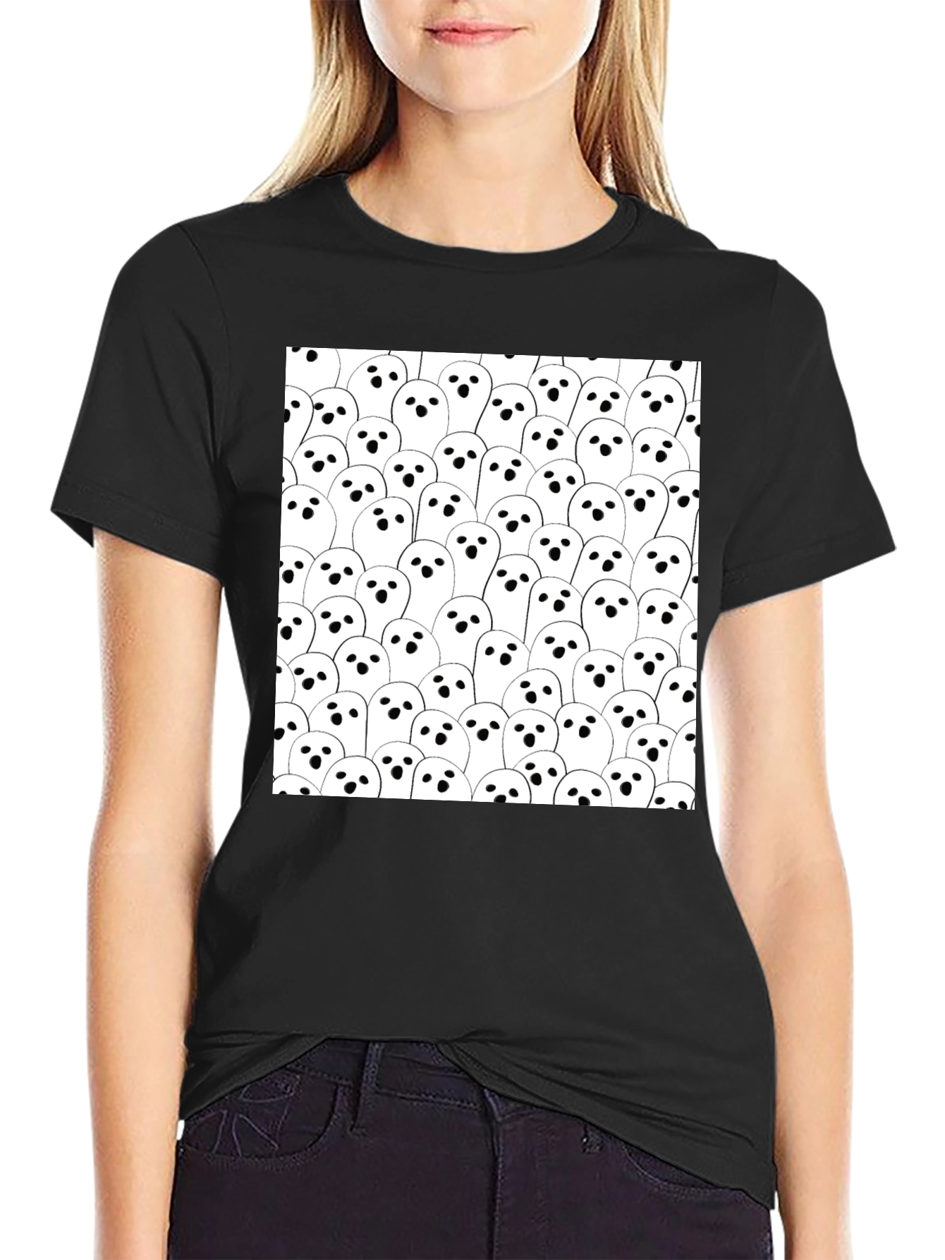 Ghost Pattern Black T-Shirt - Spooky Season Tee