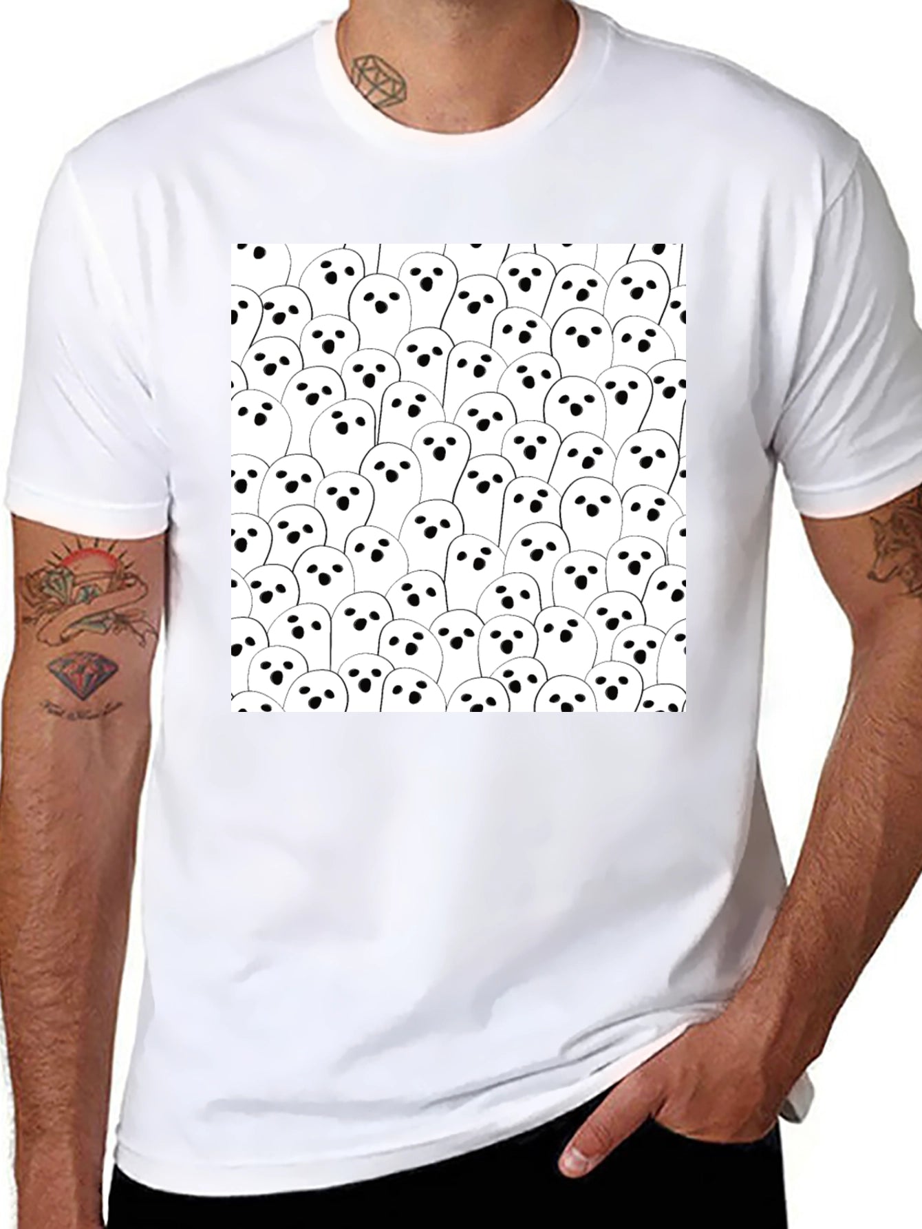 Ghost Pattern Black T-Shirt - Spooky Season Tee