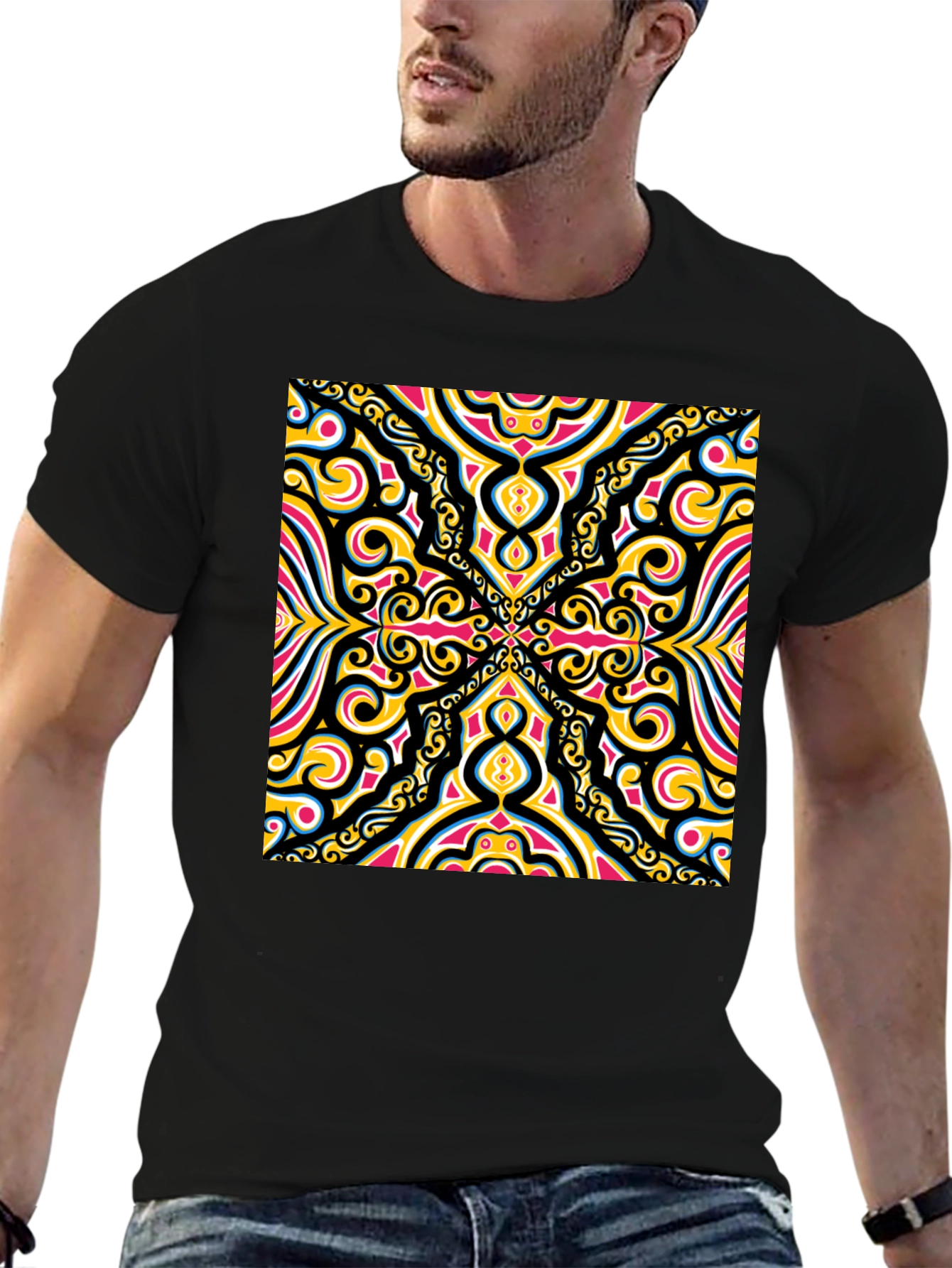 Bold Geometric Pattern Black T-Shirt