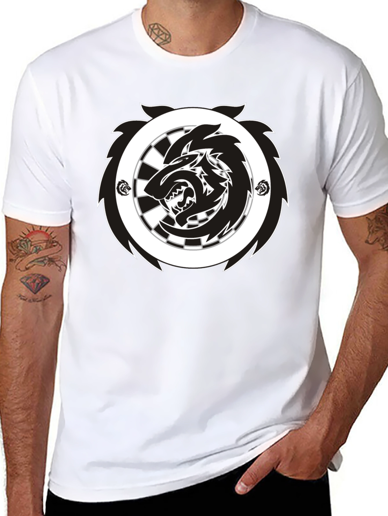 Black T-Shirt with Wolf Dartboard Graphic