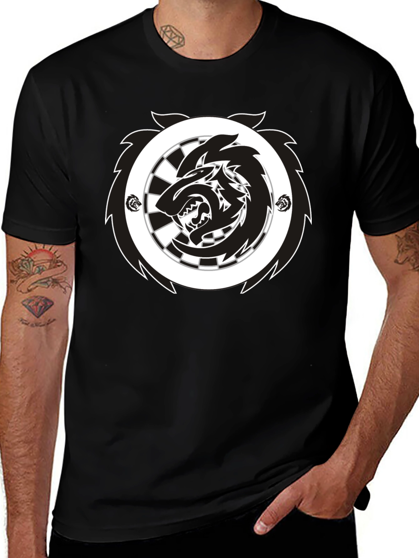 Black T-Shirt with Wolf Dartboard Graphic