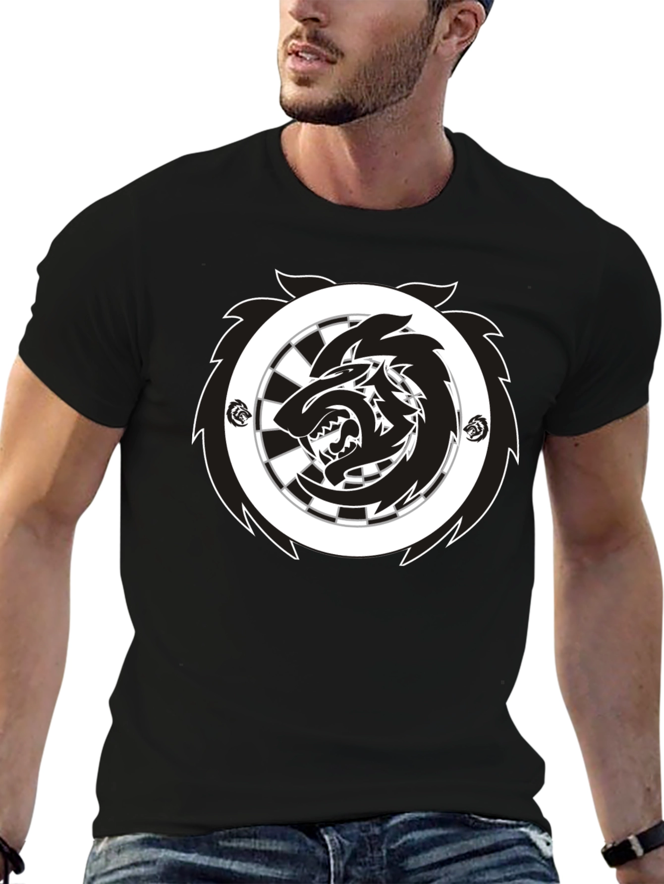 Black T-Shirt with Wolf Dartboard Graphic