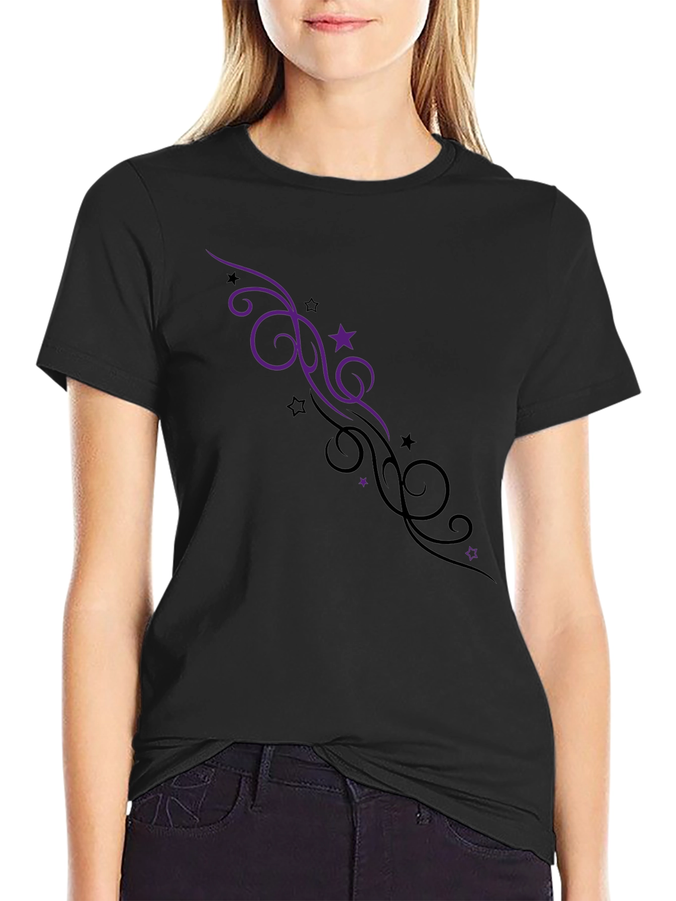 Elegant Black Tee with Swirl & Star Design
