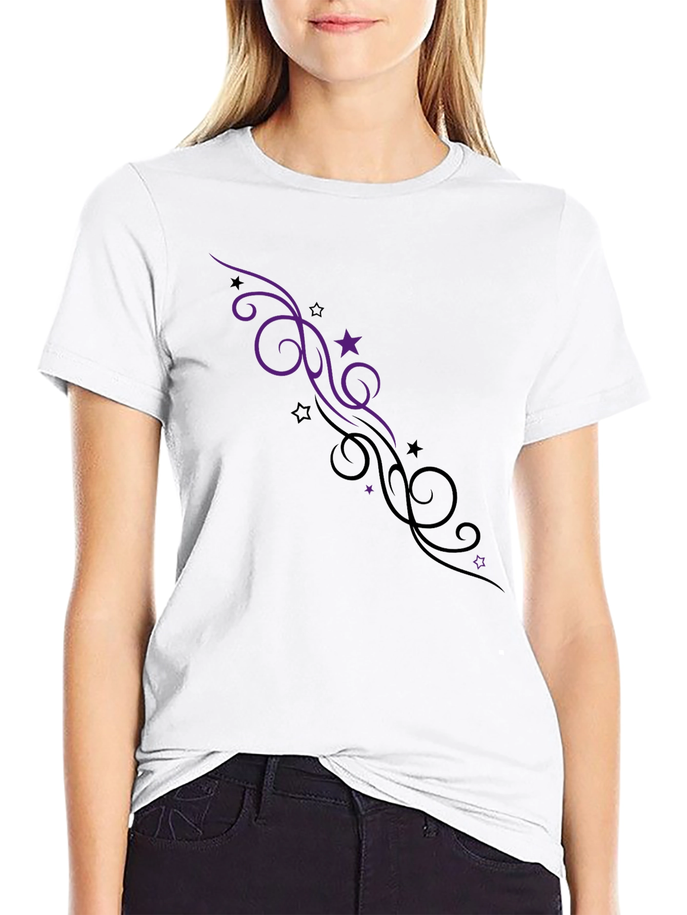 Elegant Black Tee with Swirl & Star Design