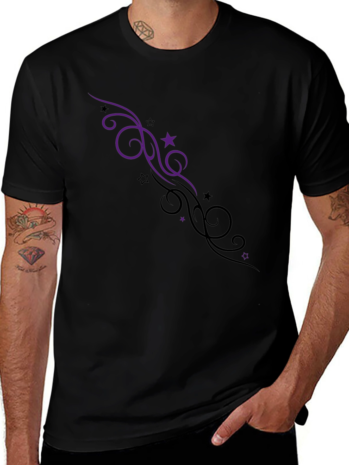 Elegant Black Tee with Swirl & Star Design