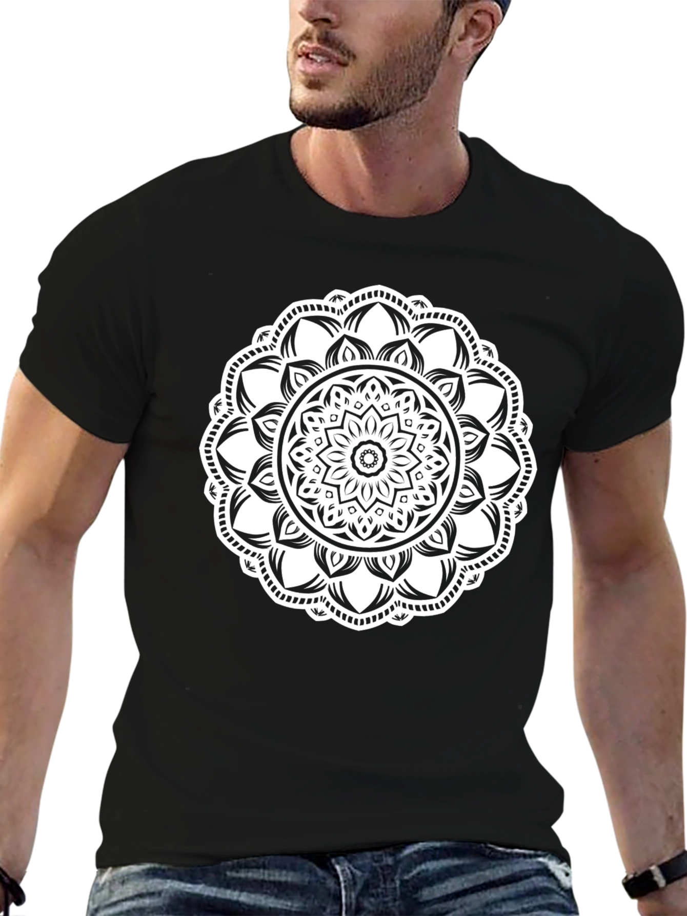 Black T-Shirt with White Mandala Design