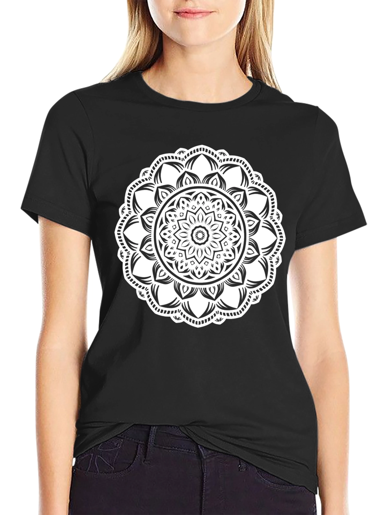 Black T-Shirt with White Mandala Design