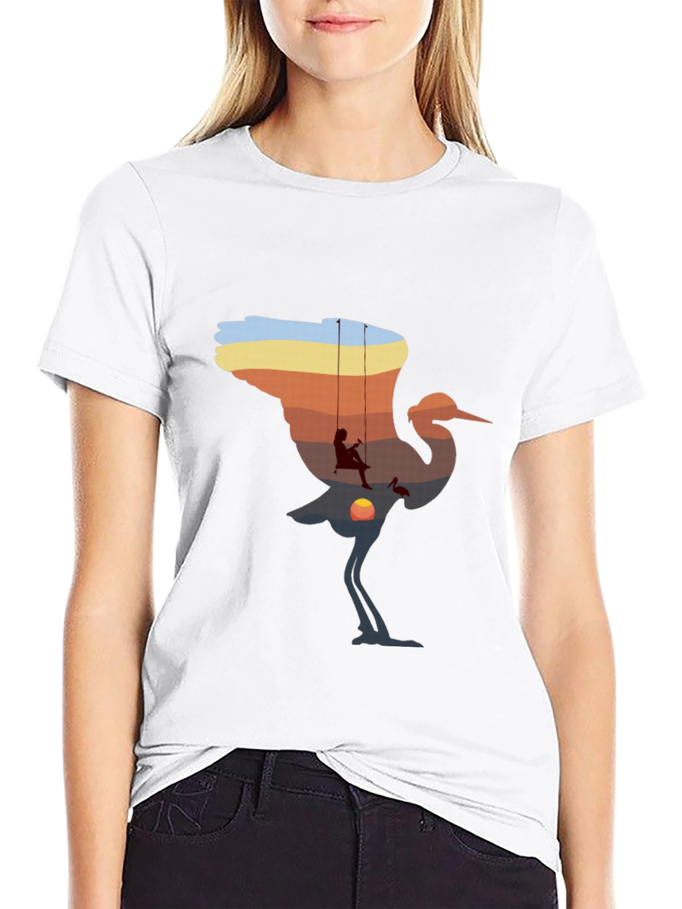 Sunset Crane Silhouette Graphic T-Shirt