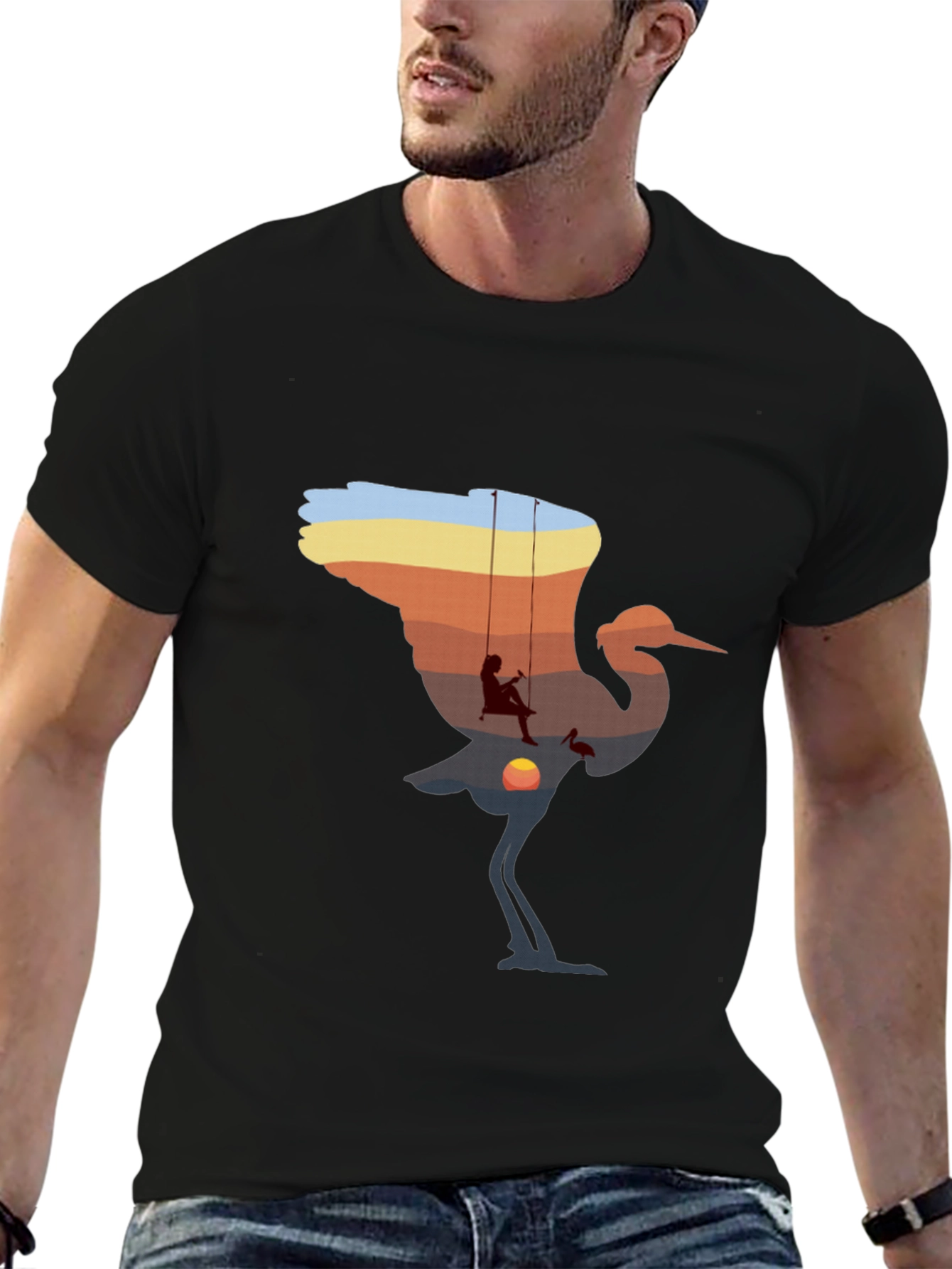 Sunset Crane Silhouette Graphic T-Shirt