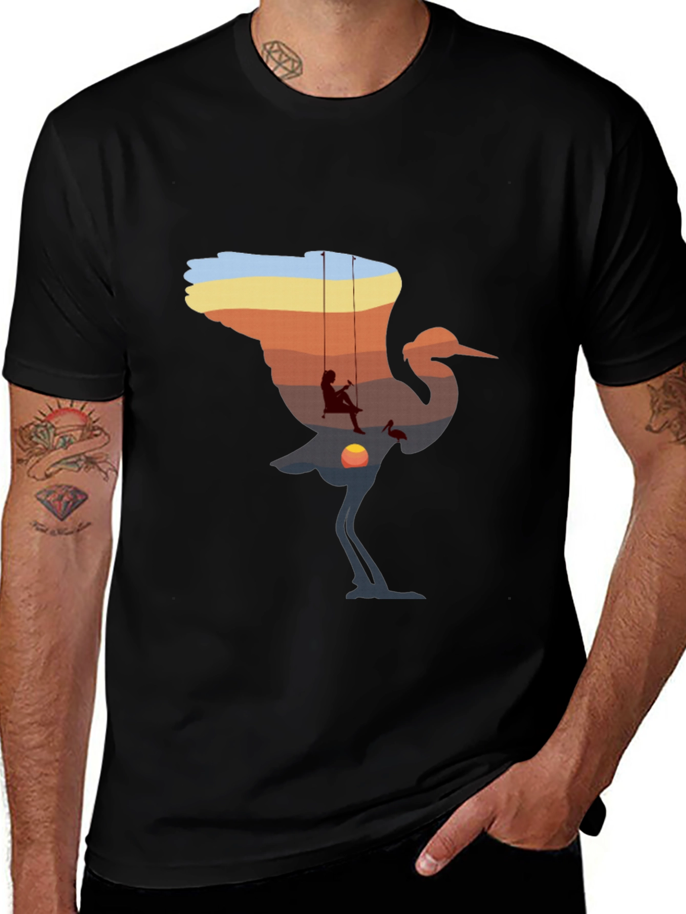 Sunset Crane Silhouette Graphic T-Shirt