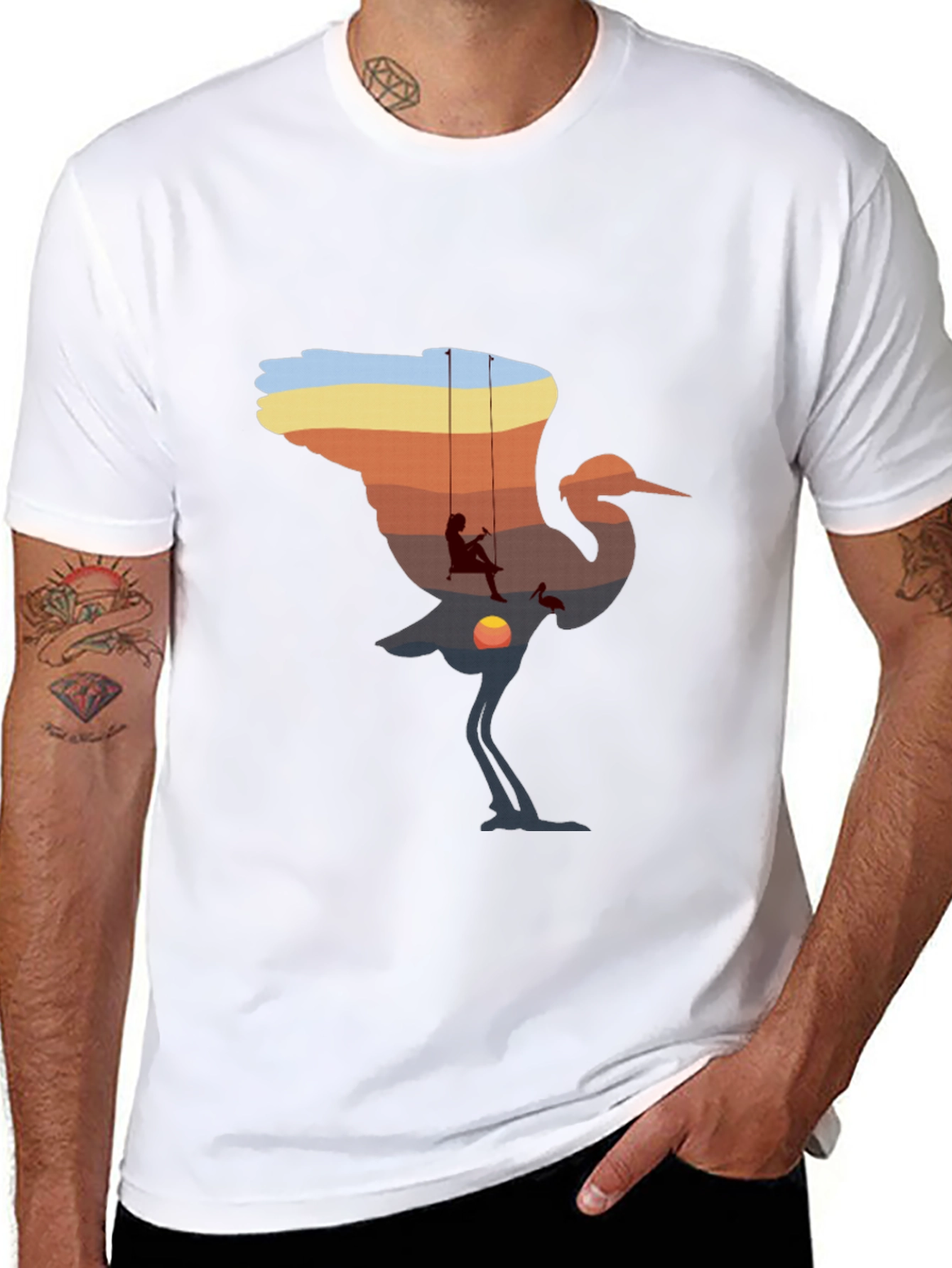 Sunset Crane Silhouette Graphic T-Shirt