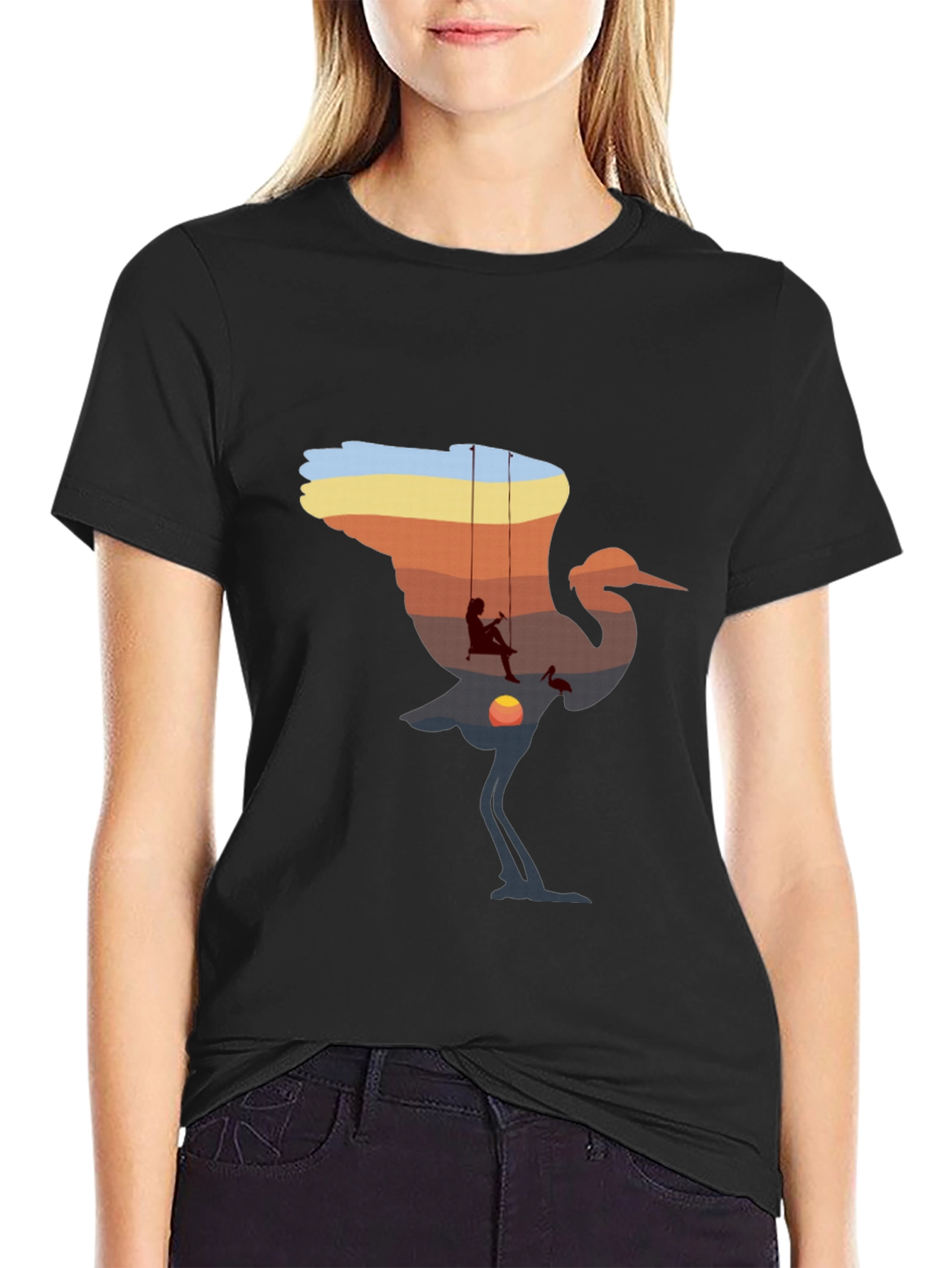 Sunset Crane Silhouette Graphic T-Shirt