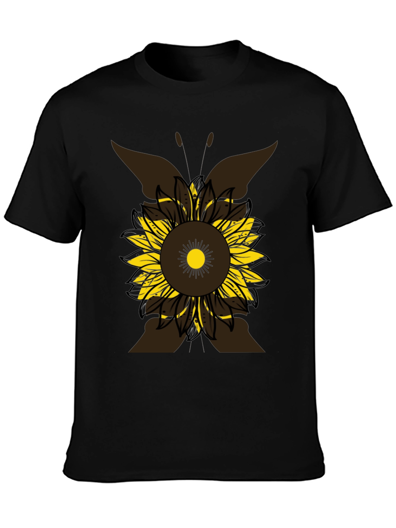 Sunflower Butterfly Graphic Tee - Casual Black T-Shirt