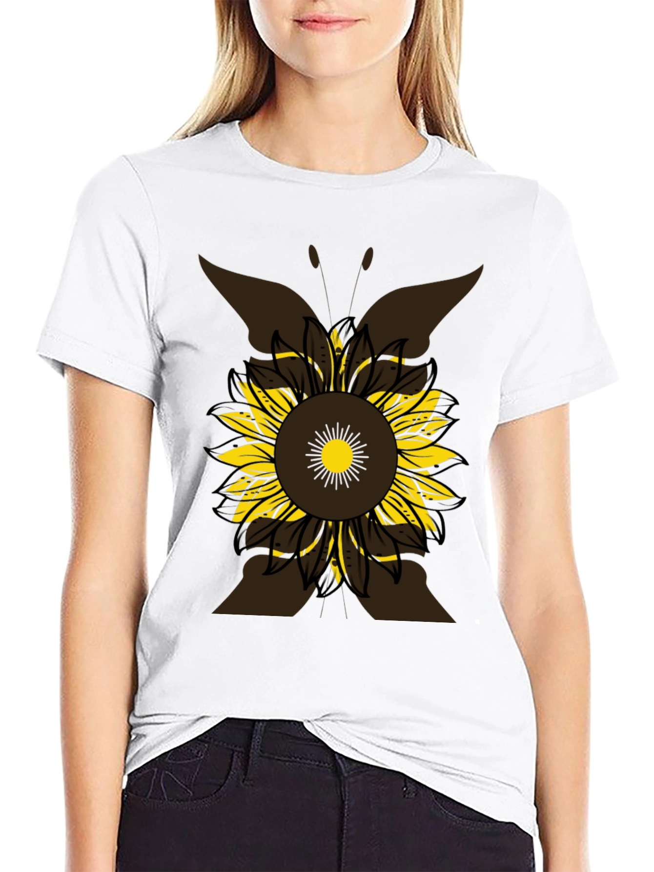 Sunflower Butterfly Graphic Tee - Casual Black T-Shirt