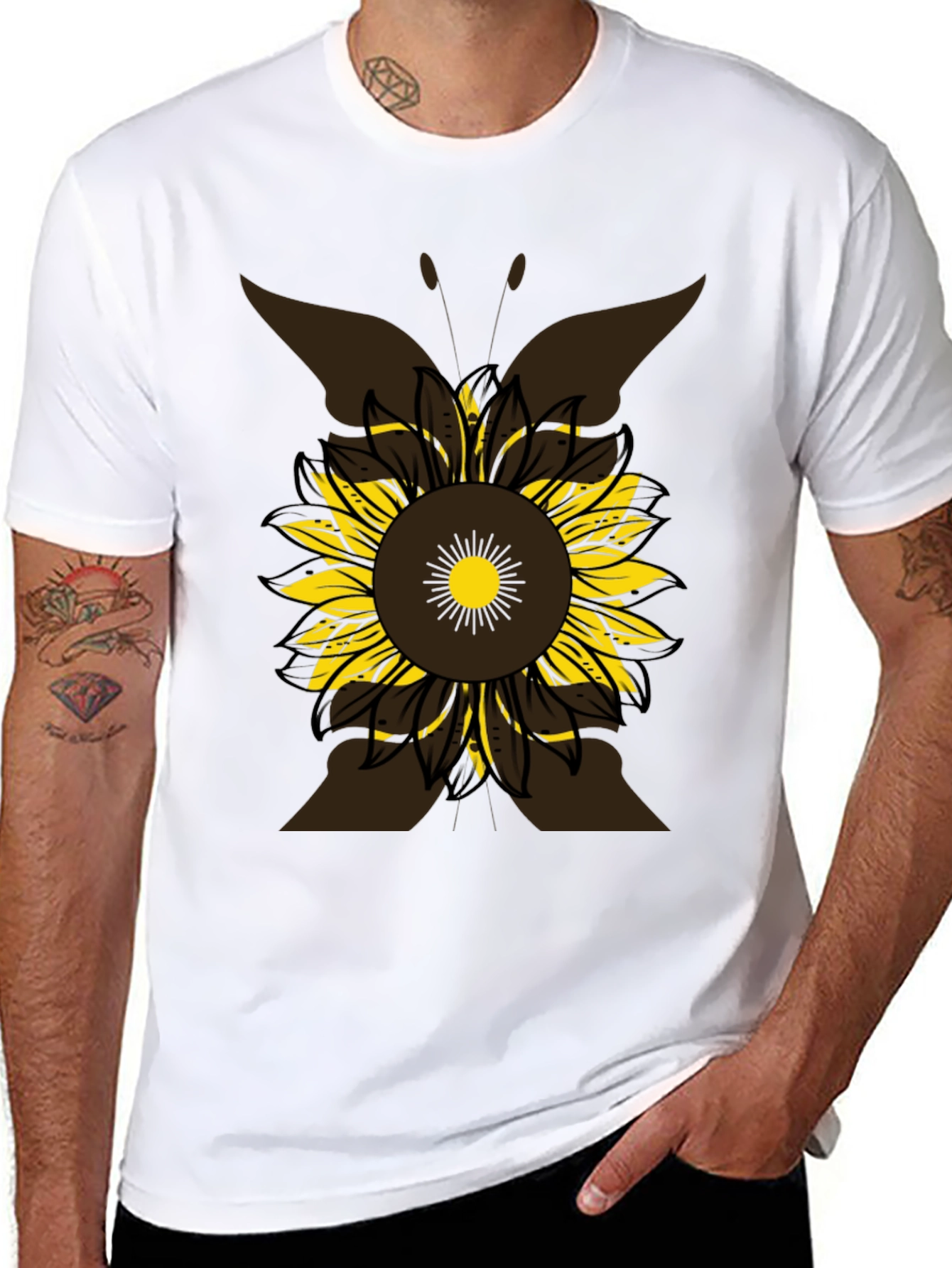 Sunflower Butterfly Graphic Tee - Casual Black T-Shirt