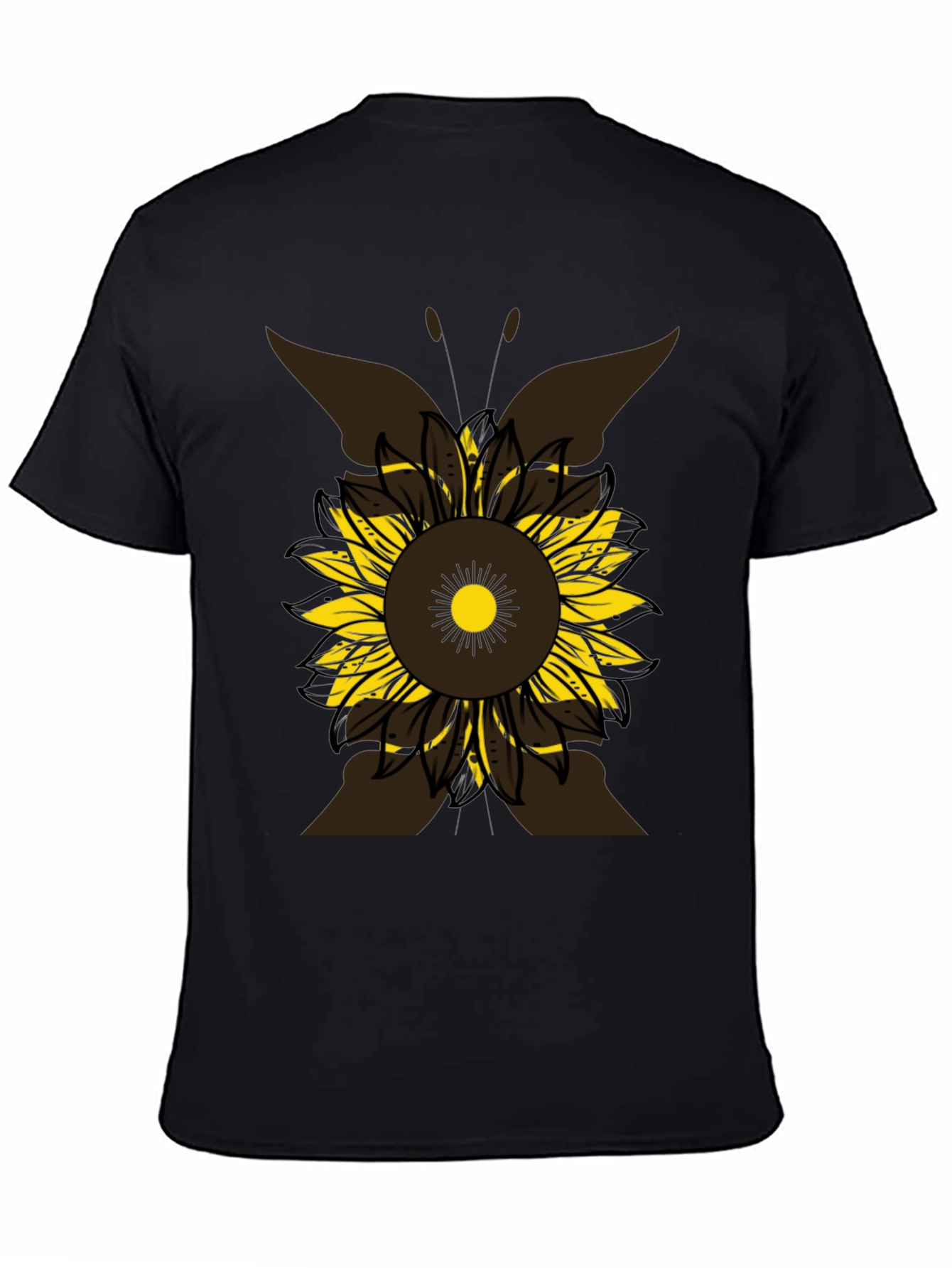 Sunflower Butterfly Graphic Tee - Casual Black T-Shirt