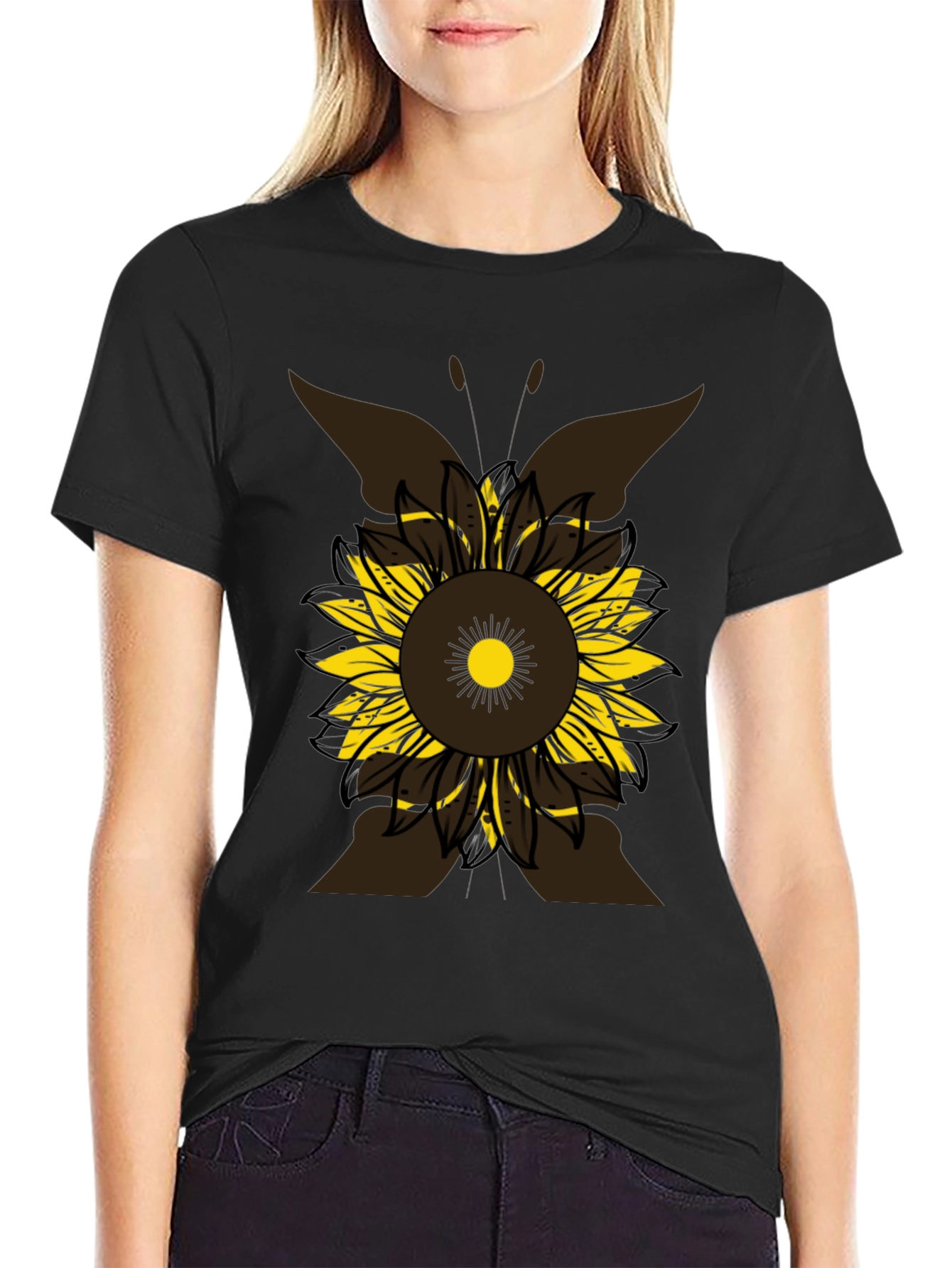 Sunflower Butterfly Graphic Tee - Casual Black T-Shirt