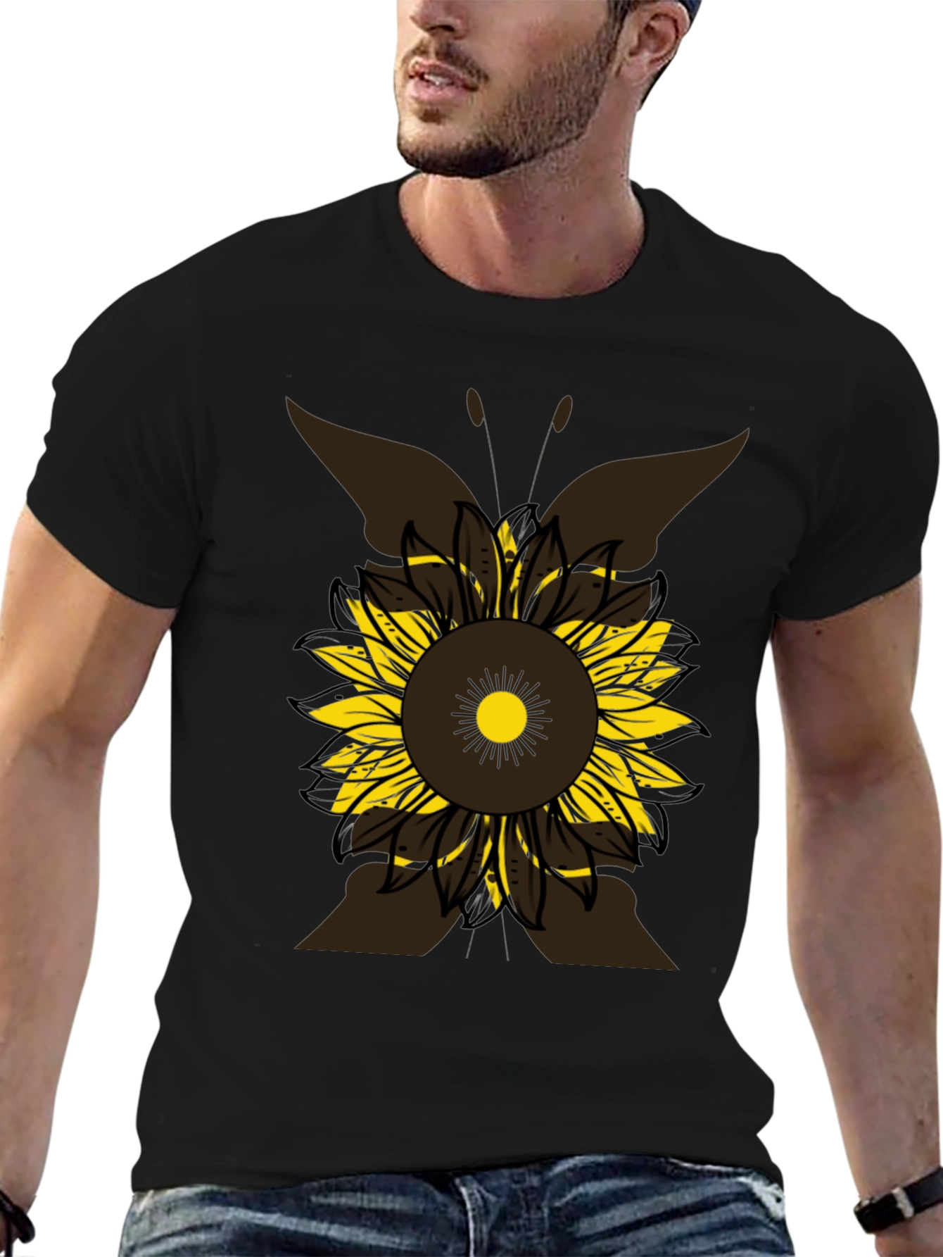 Sunflower Butterfly Graphic Tee - Casual Black T-Shirt