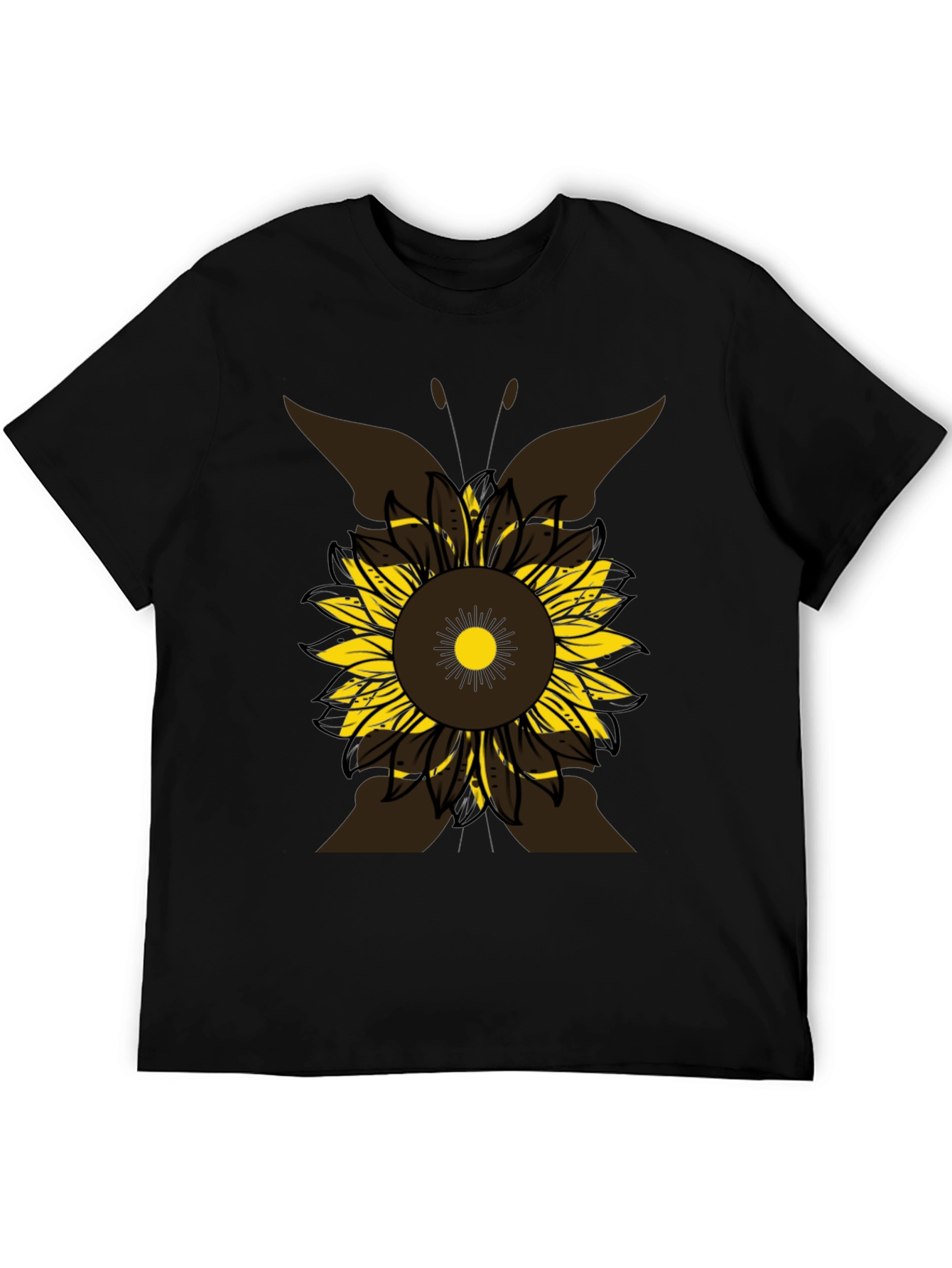 Sunflower Butterfly Graphic Tee - Casual Black T-Shirt