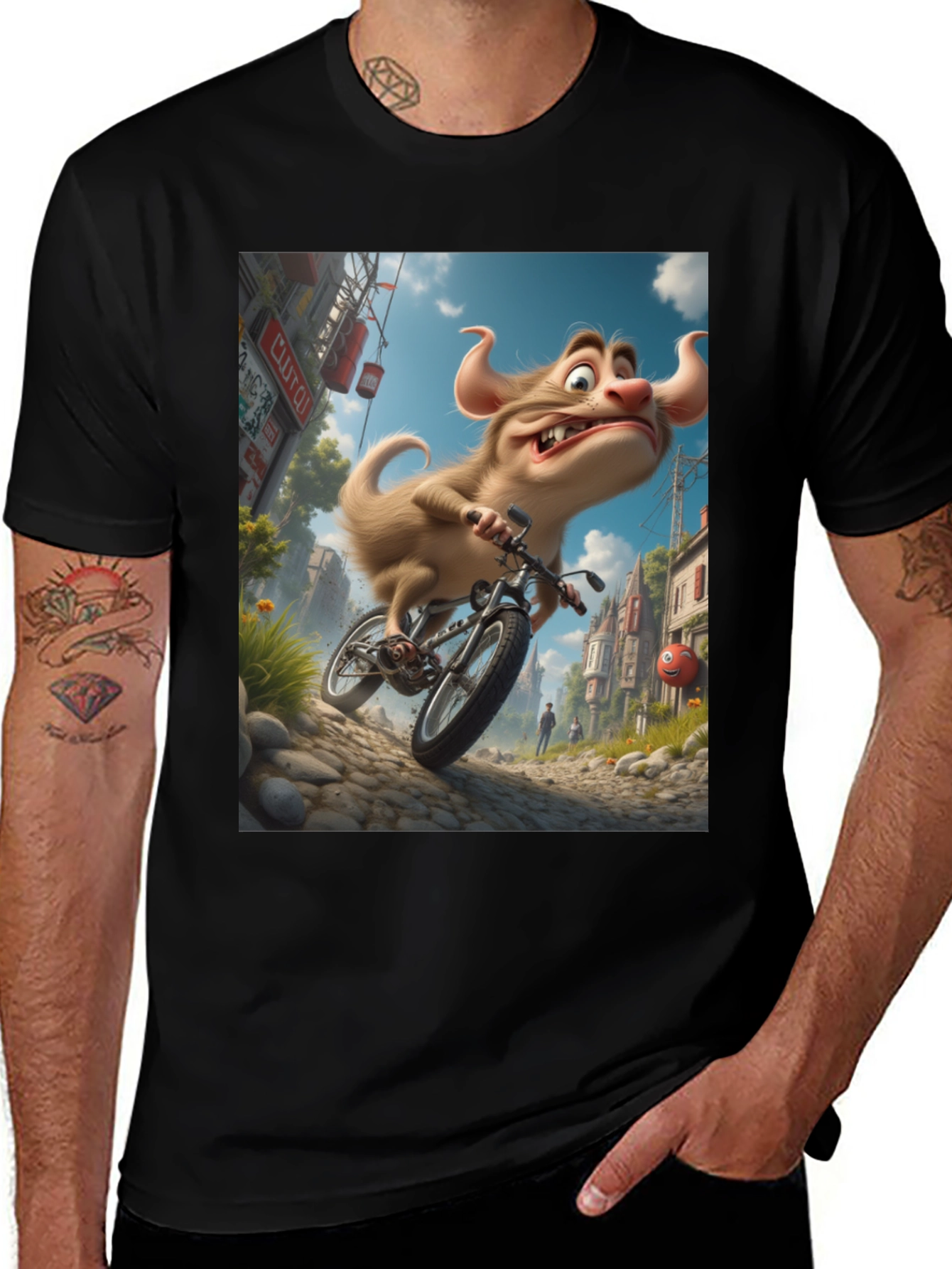 Cartoon Monster on Bike Graphic Tee