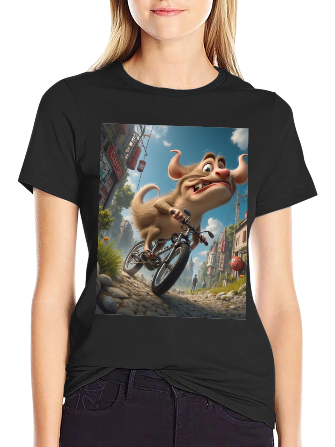 Cartoon Monster on Bike Graphic Tee