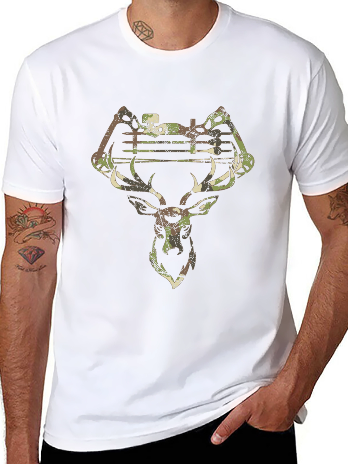 Camo Deer Hunting Bow Black T-Shirt