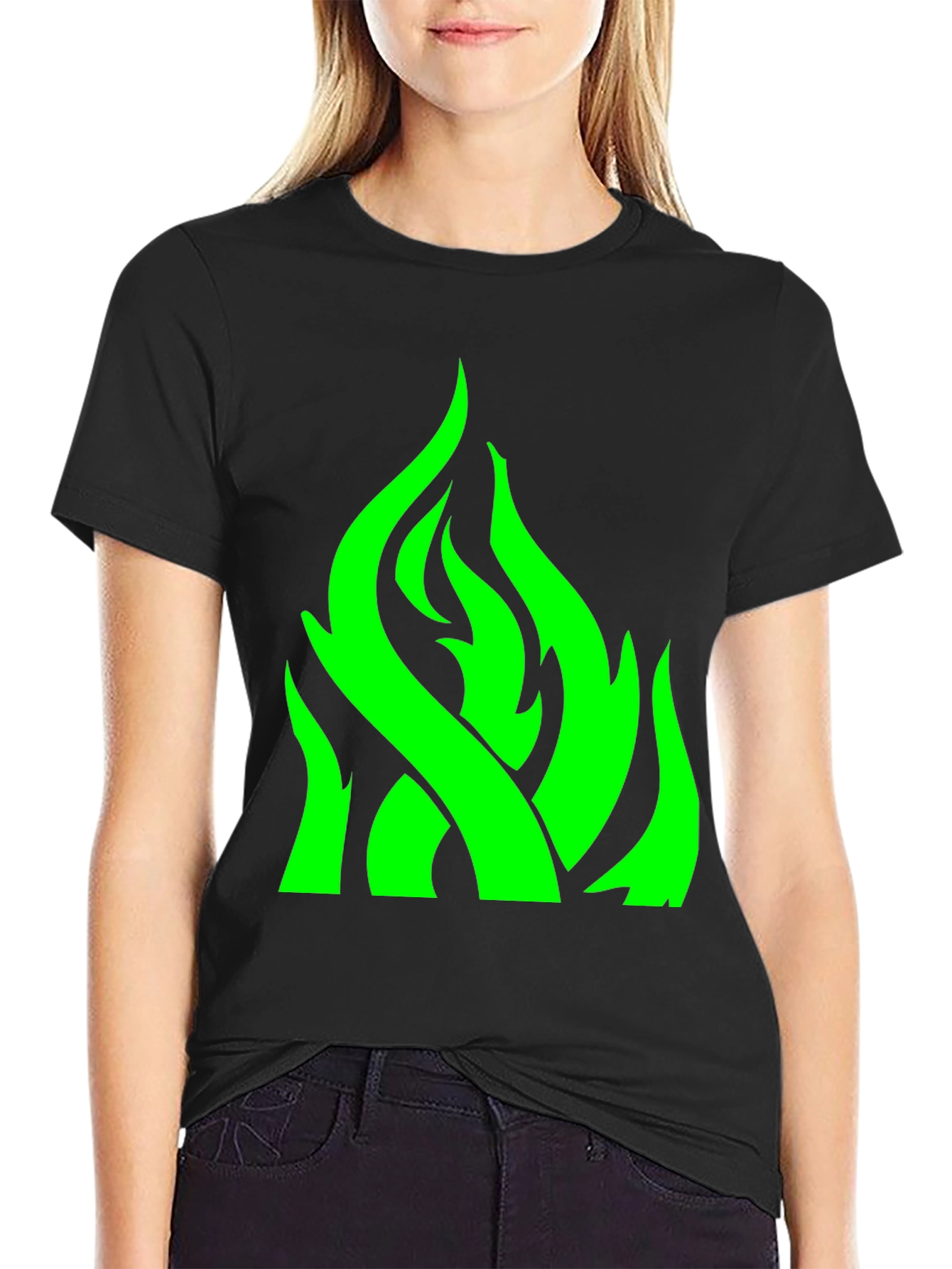 Green Flame Graphic Black T-Shirt