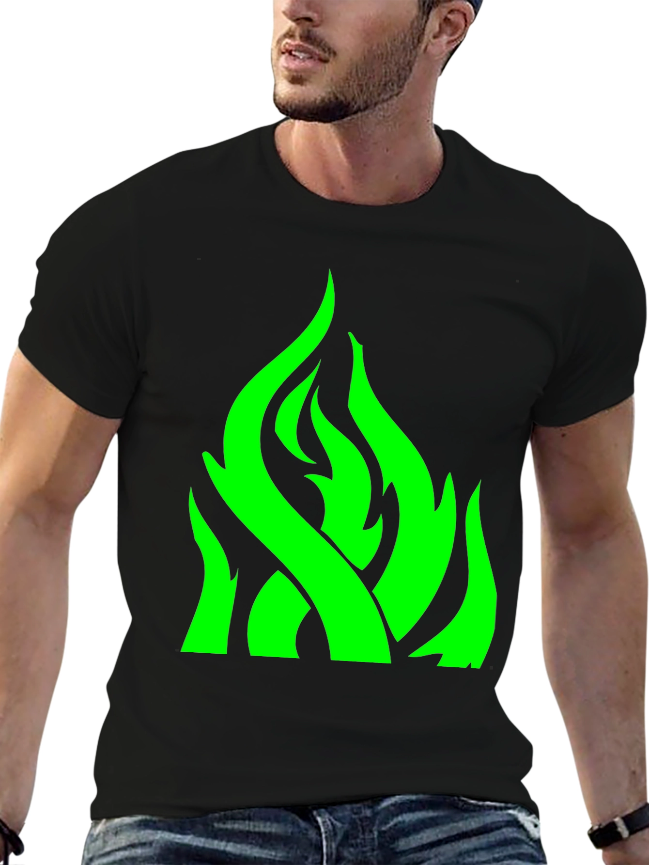 Green Flame Graphic Black T-Shirt