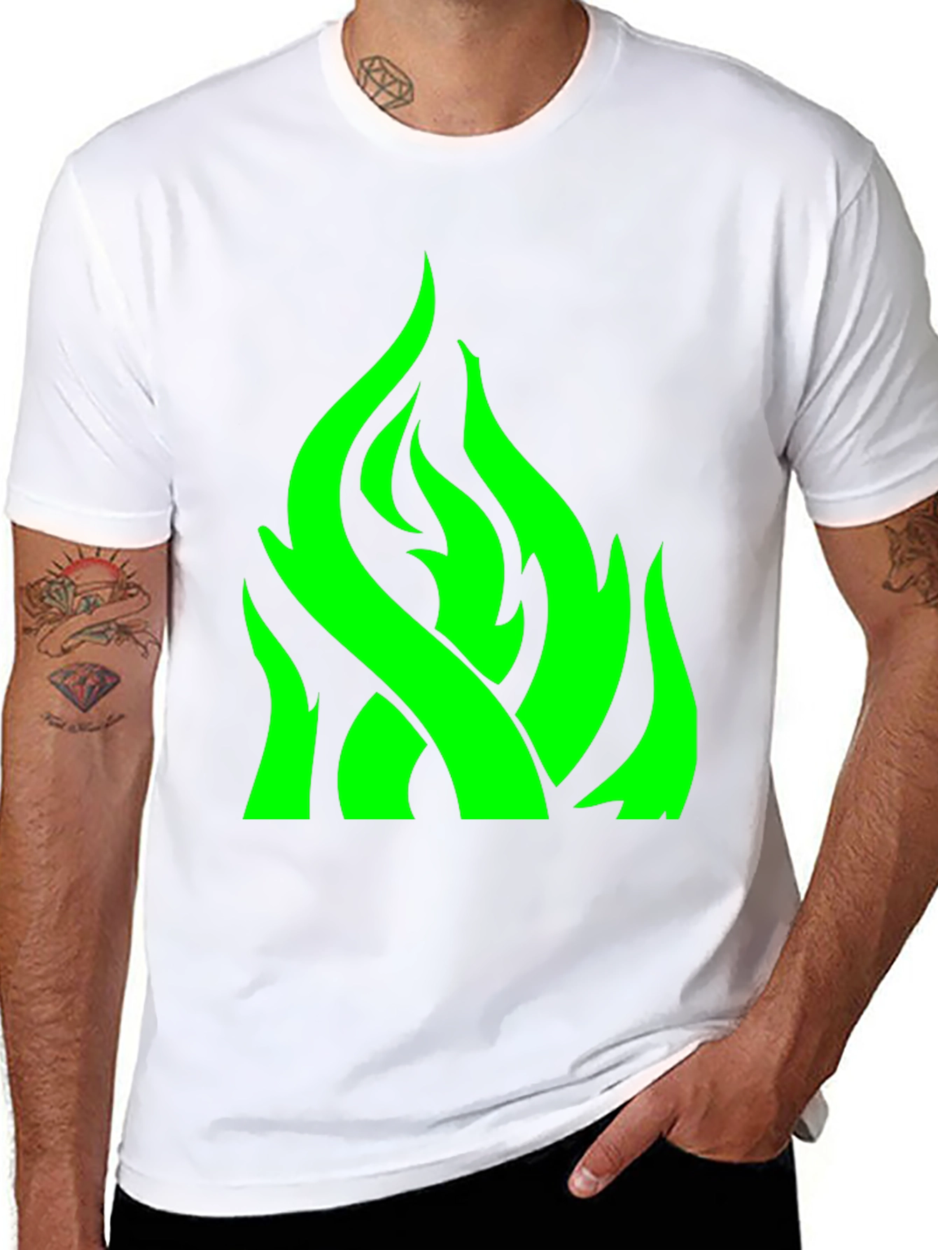 Green Flame Graphic Black T-Shirt