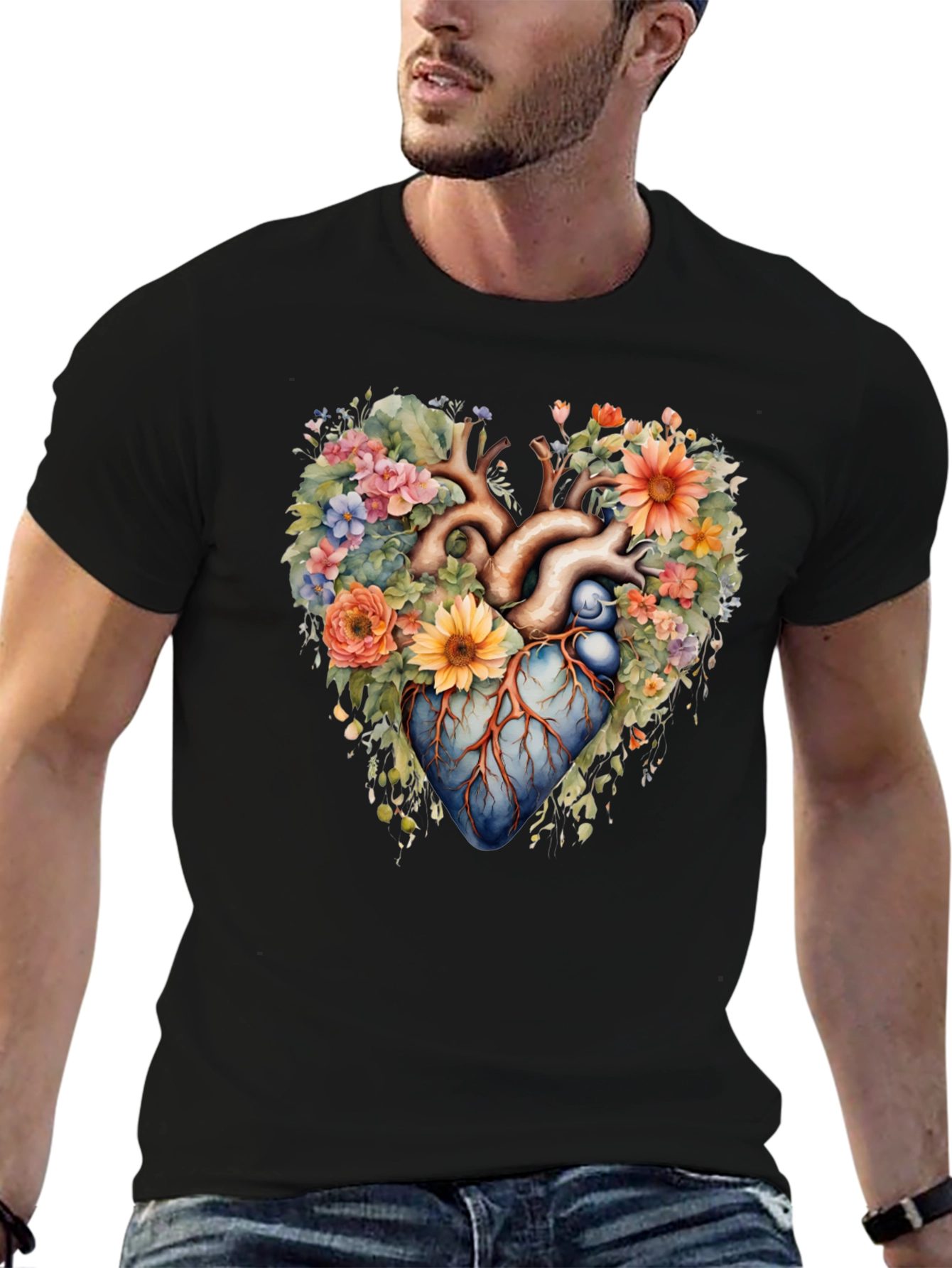 Floral Heart Anatomy T-Shirt - Artistic Graphic Tee