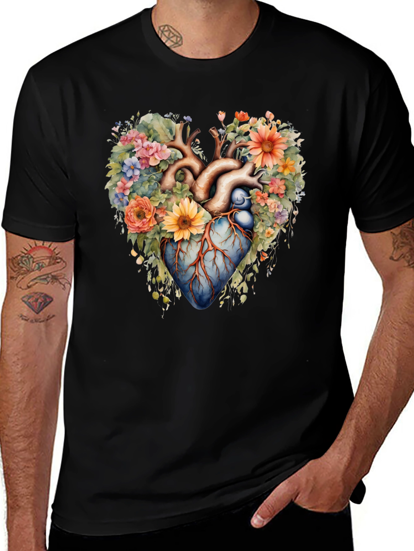 Floral Heart Anatomy T-Shirt - Artistic Graphic Tee