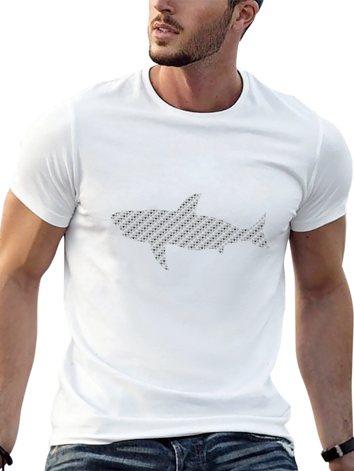 Shark Pattern Print Black Cotton T-Shirt