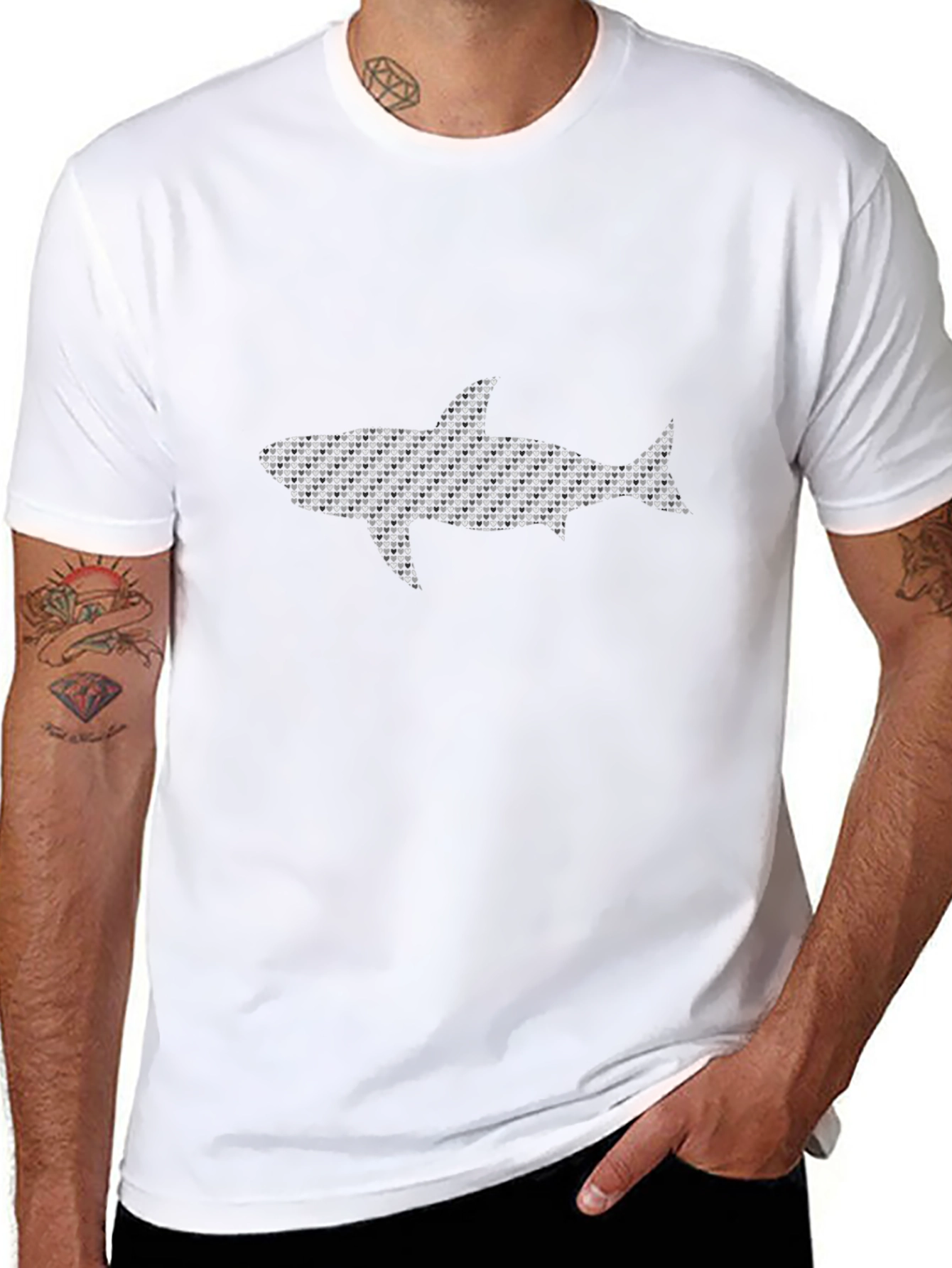 Shark Pattern Print Black Cotton T-Shirt