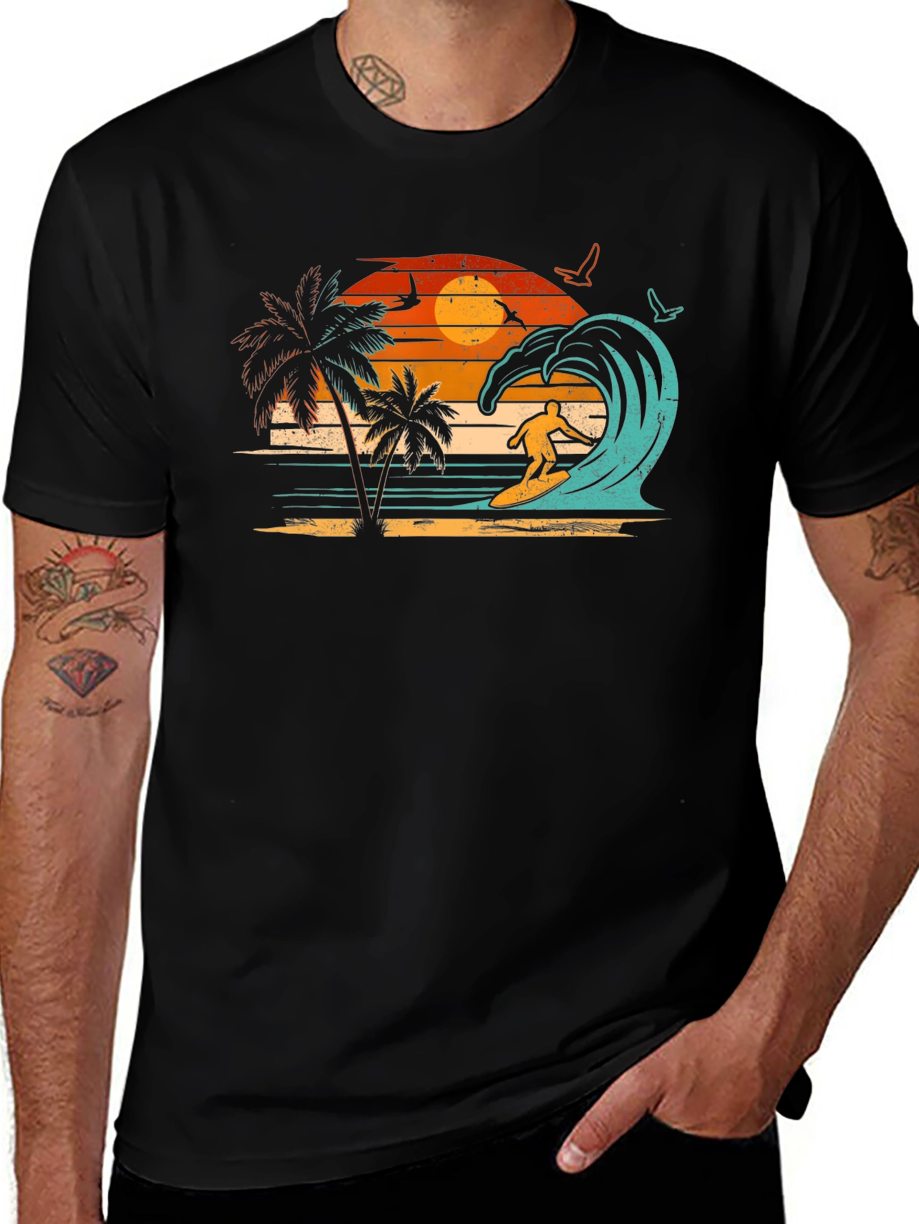 Retro Surfing Beach Sunset Graphic Tee
