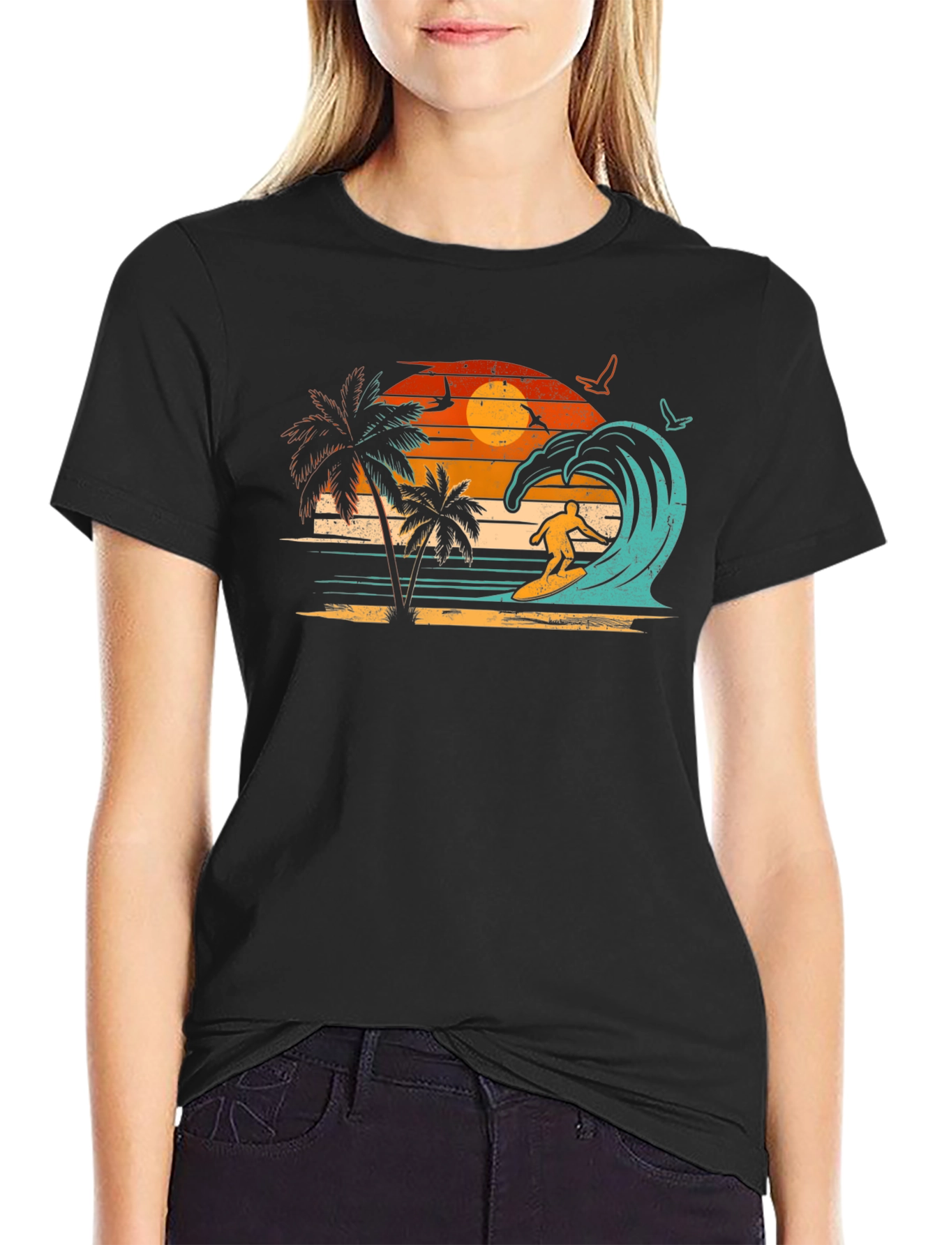Retro Surfing Beach Sunset Graphic Tee