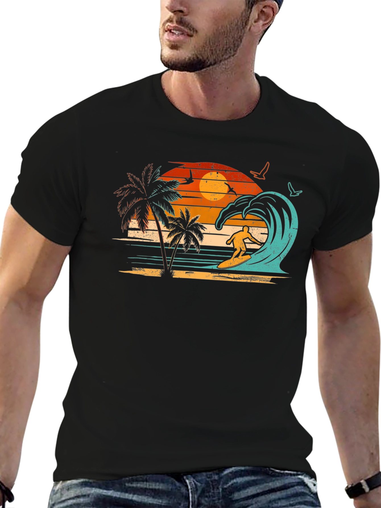 Retro Surfing Beach Sunset Graphic Tee