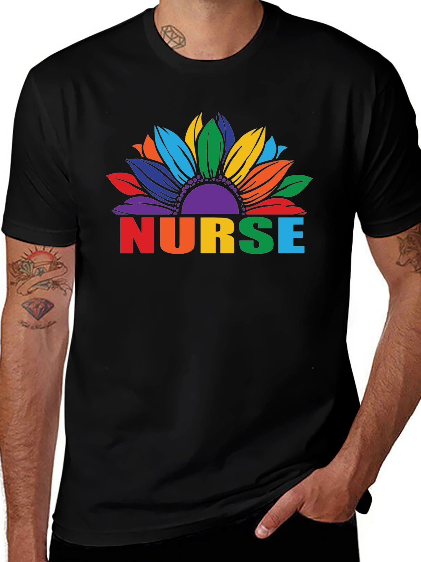 Rainbow Nurse Sunflower Black T-Shirt