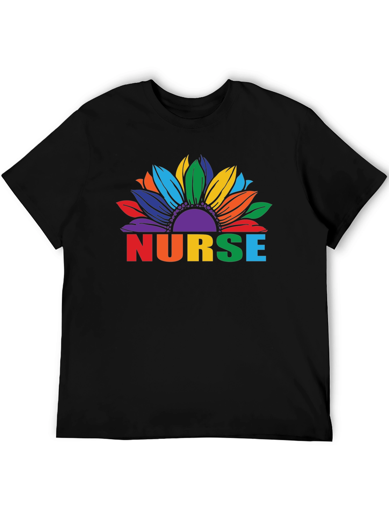 Rainbow Nurse Sunflower Black T-Shirt