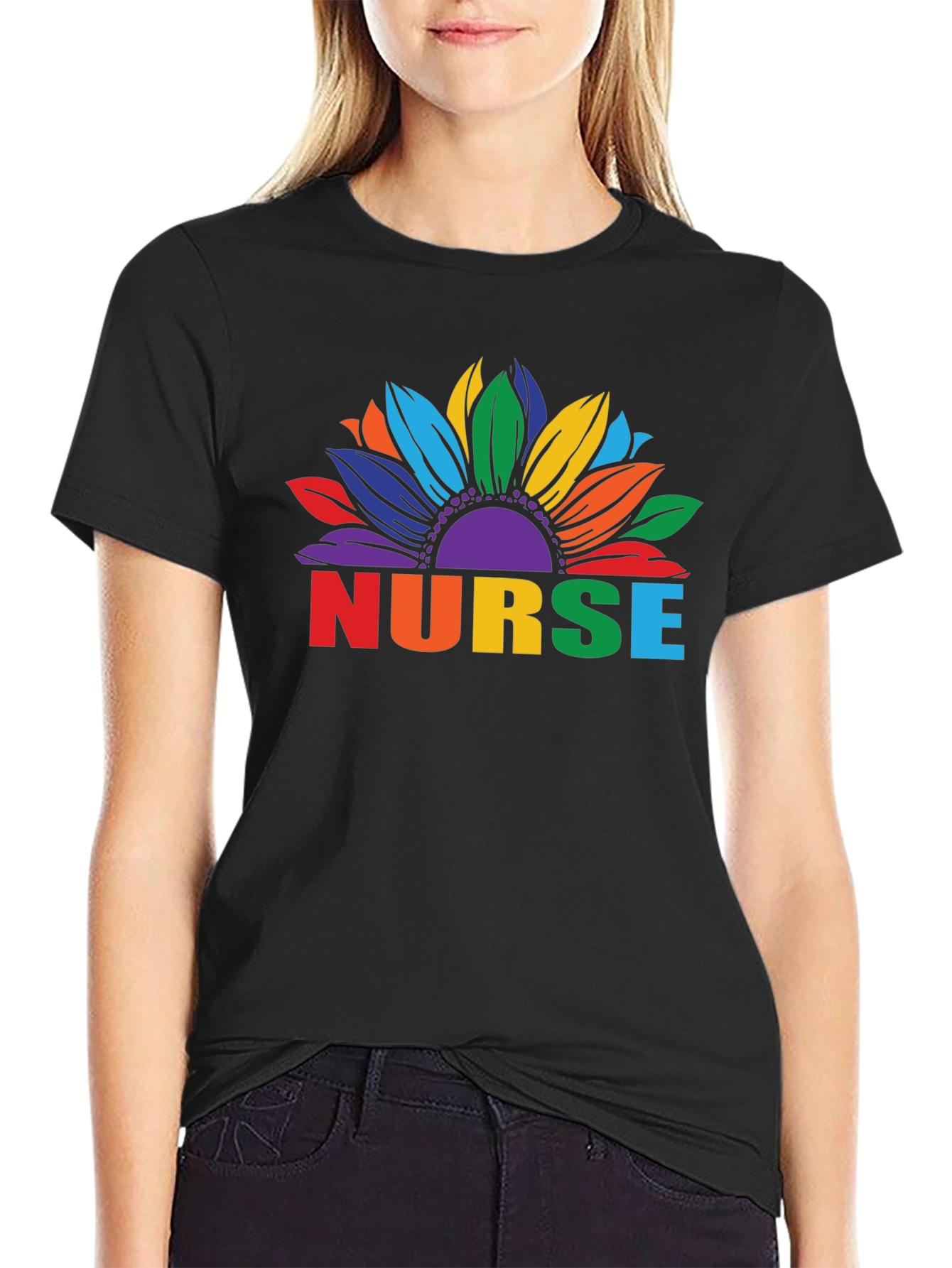 Rainbow Nurse Sunflower Black T-Shirt