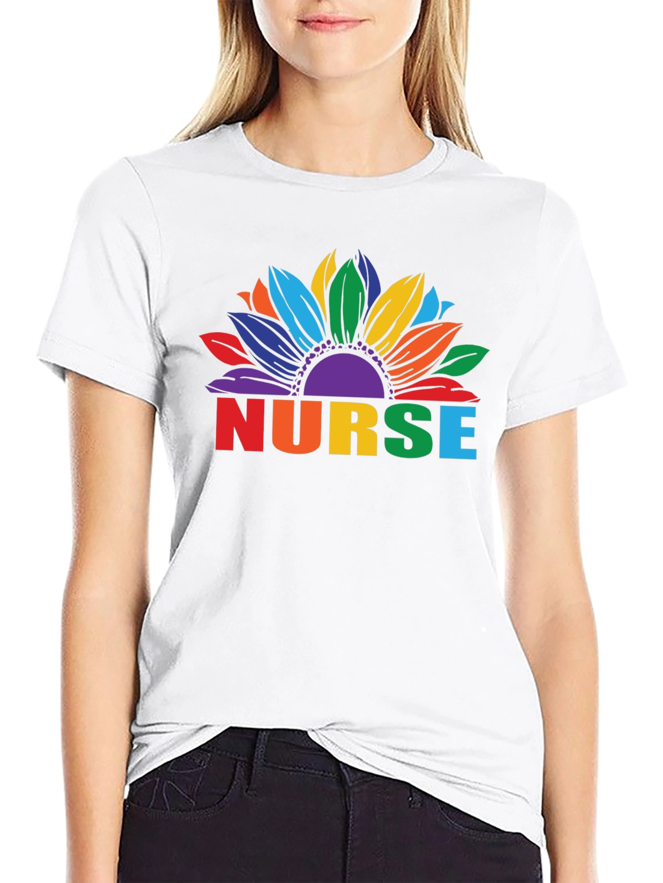 Rainbow Nurse Sunflower Black T-Shirt