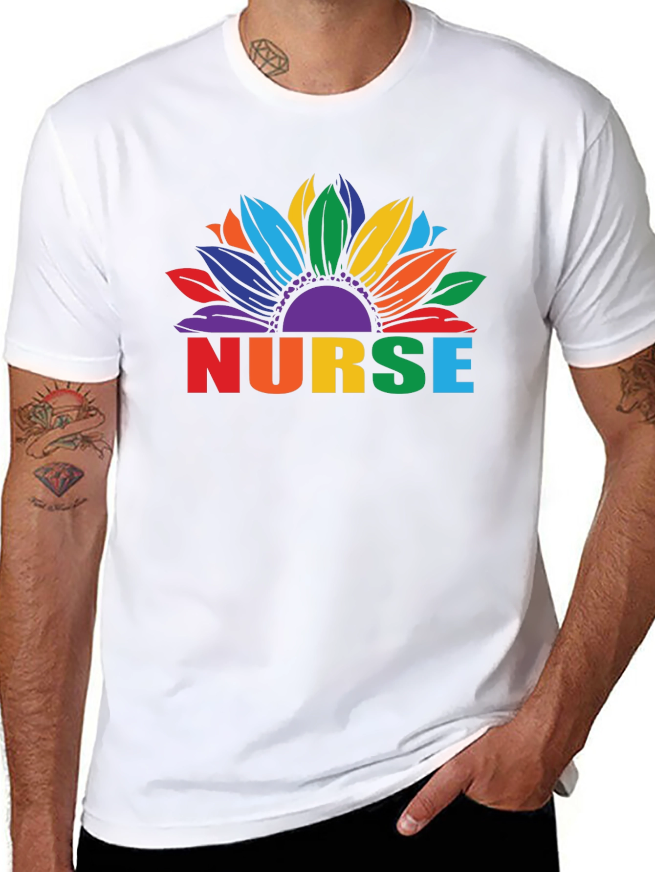 Rainbow Nurse Sunflower Black T-Shirt