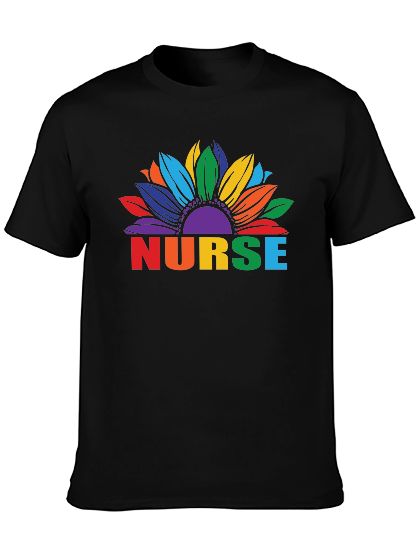 Rainbow Nurse Sunflower Black T-Shirt